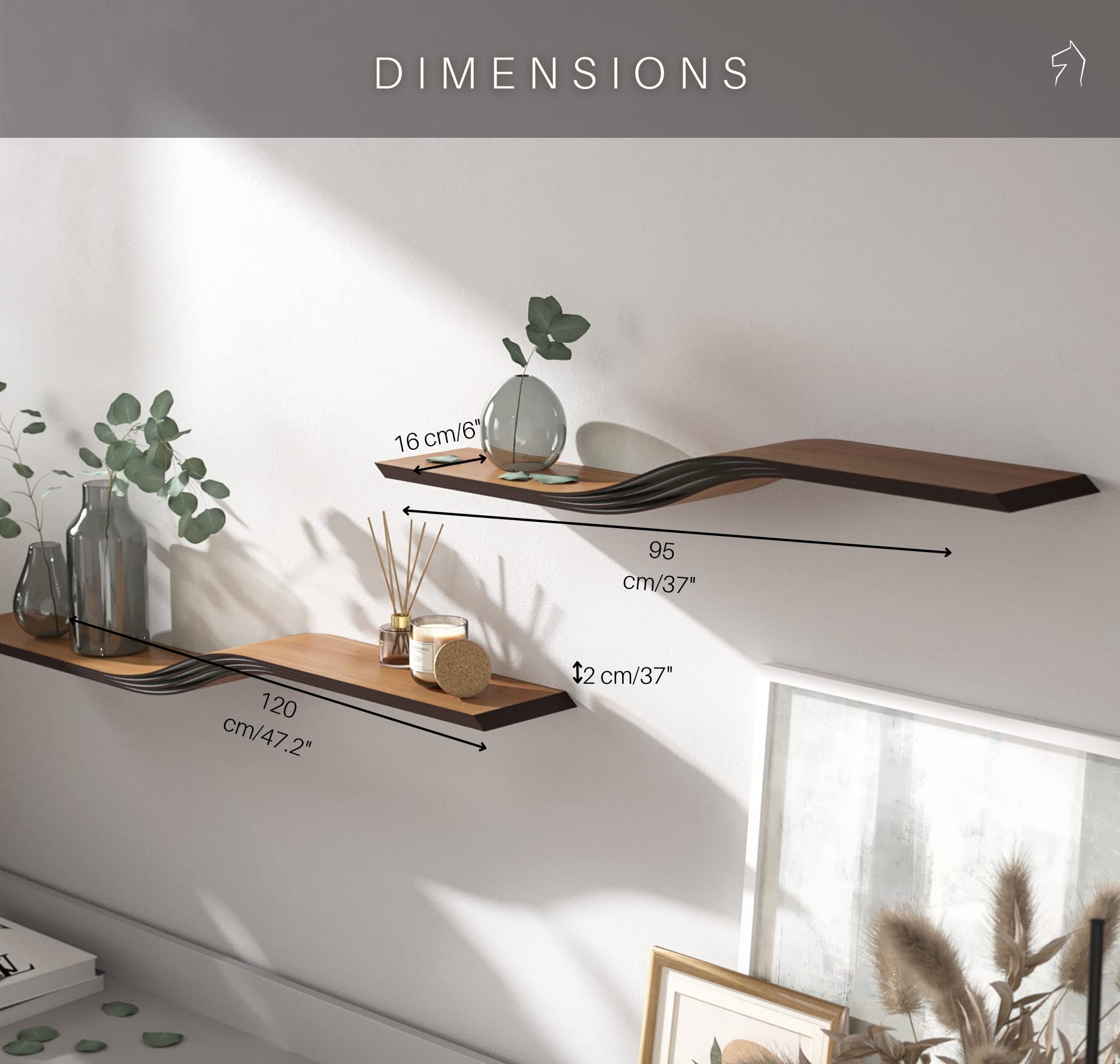 EWART WOODS 48 Inch Floating Wall Shelf - Natural Walnut Wood Hanging Bookshelf with Unique Curved Design for Living Room, Office, Bedroom - Perfect for Displaying Books, Decor & Plants
