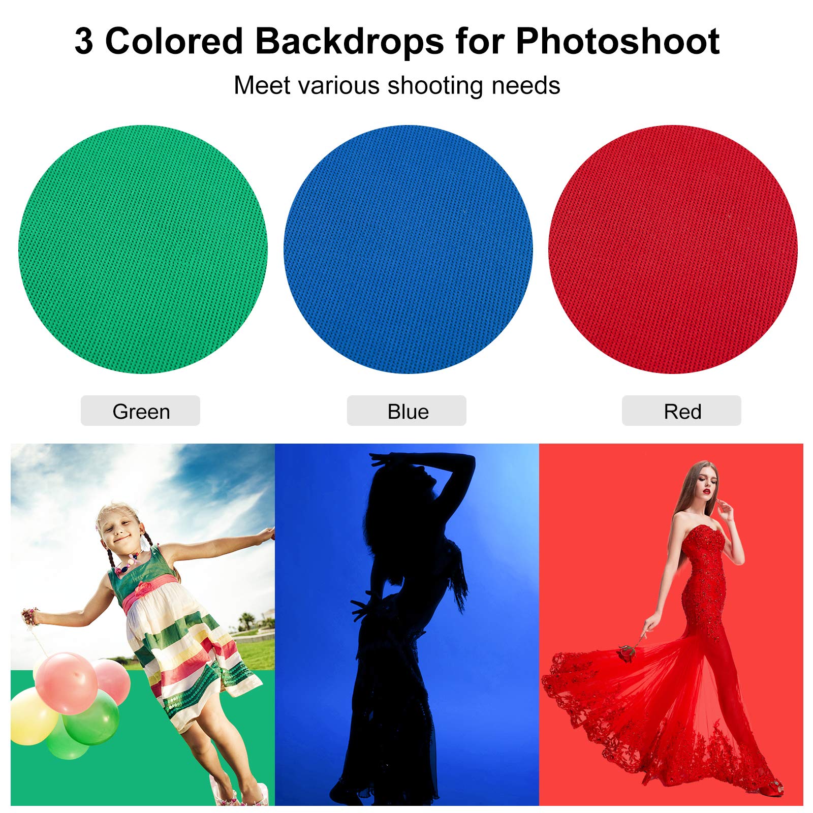 PULUZ 6.5x6.5ft/2x2M Photo Studio Backdrop Stand Kit with 5.3x6.5ft/1.6x2M Fabric Background (Red, Blue, Green) - Perfect for Portrait Photography, Product Shoots, YouTube Videos & Content Creation