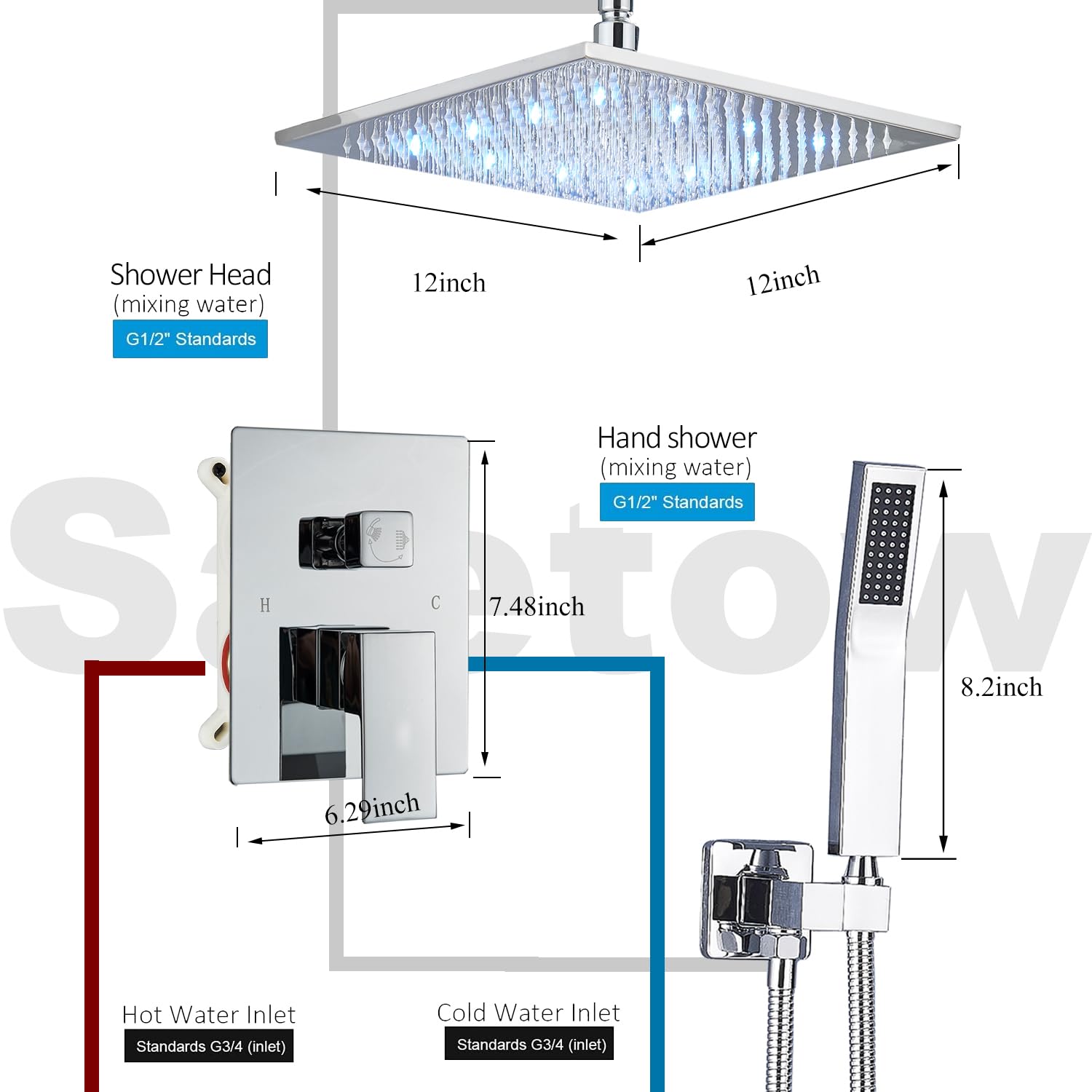 12 Inch LED Rainfall Shower Head System with Handheld Spray - Ceiling Mount Chrome Shower Faucet Set Including Rough-in Valve & Trim - Perfect for Modern Bathroom & Spa Experience