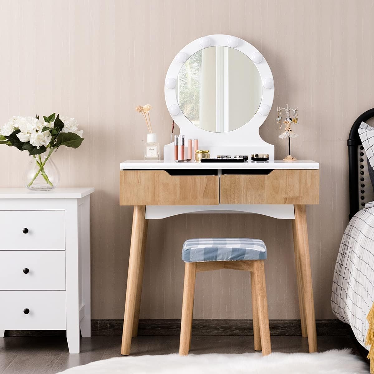 Byroce Vanity Table Set with Round LED Lighted Mirror, Makeup Dressing Table with 8 Adjustable Bulbs & Touch Switch - Includes Cushioned Stool & 2 Large Drawers (Black/Natural/White) | Perfect for Bedroom, Dressing Room, Home Salon & Beauty Studio (Model: HW66049US)