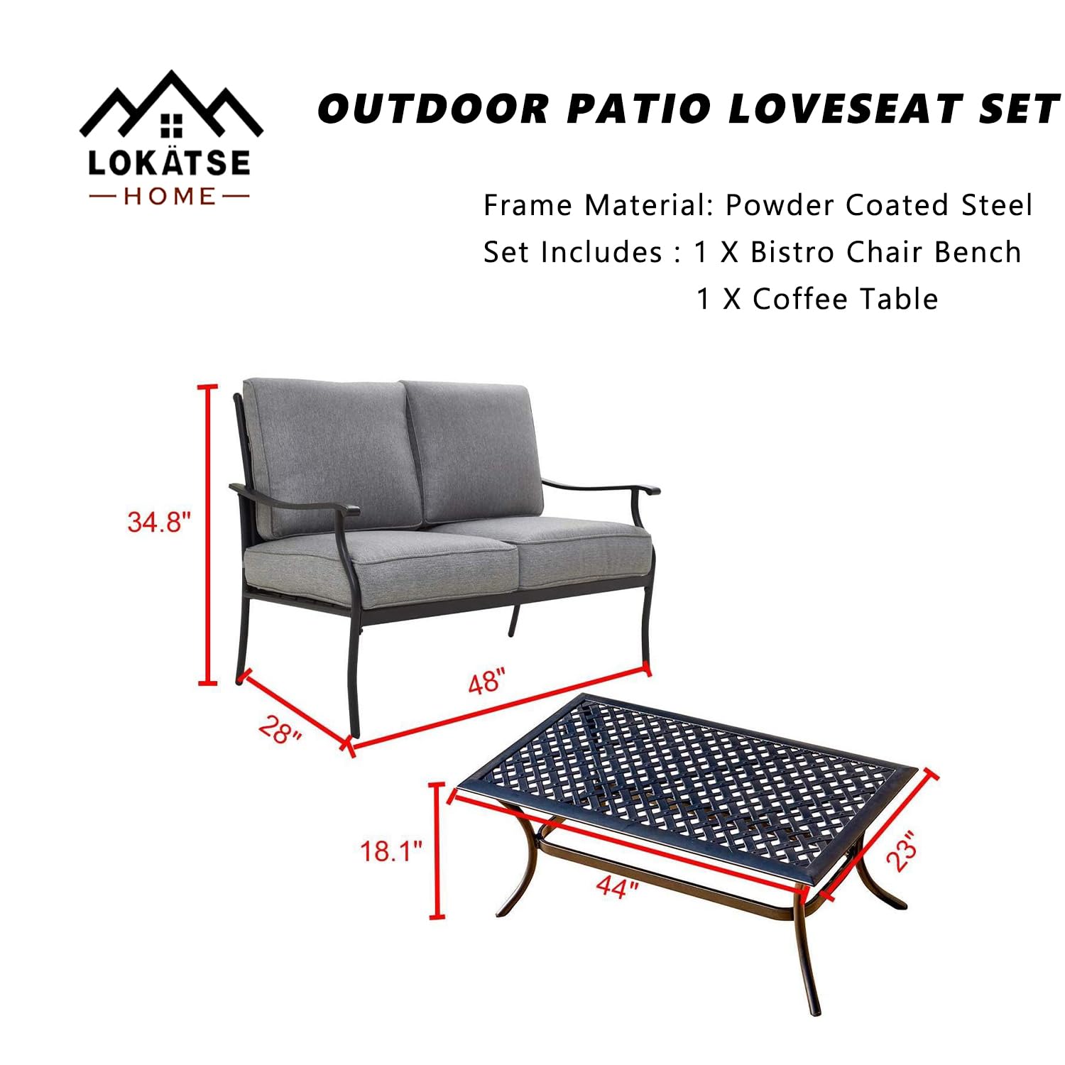 LOKATSE HOME 2-Piece Outdoor Loveseat Set - Patio Conversation Furniture with Cushions & Coffee Table - Metal Bistro Chair Bench for Garden, Backyard, Deck - Weather-Resistant Gray Set for Relaxing & Entertaining