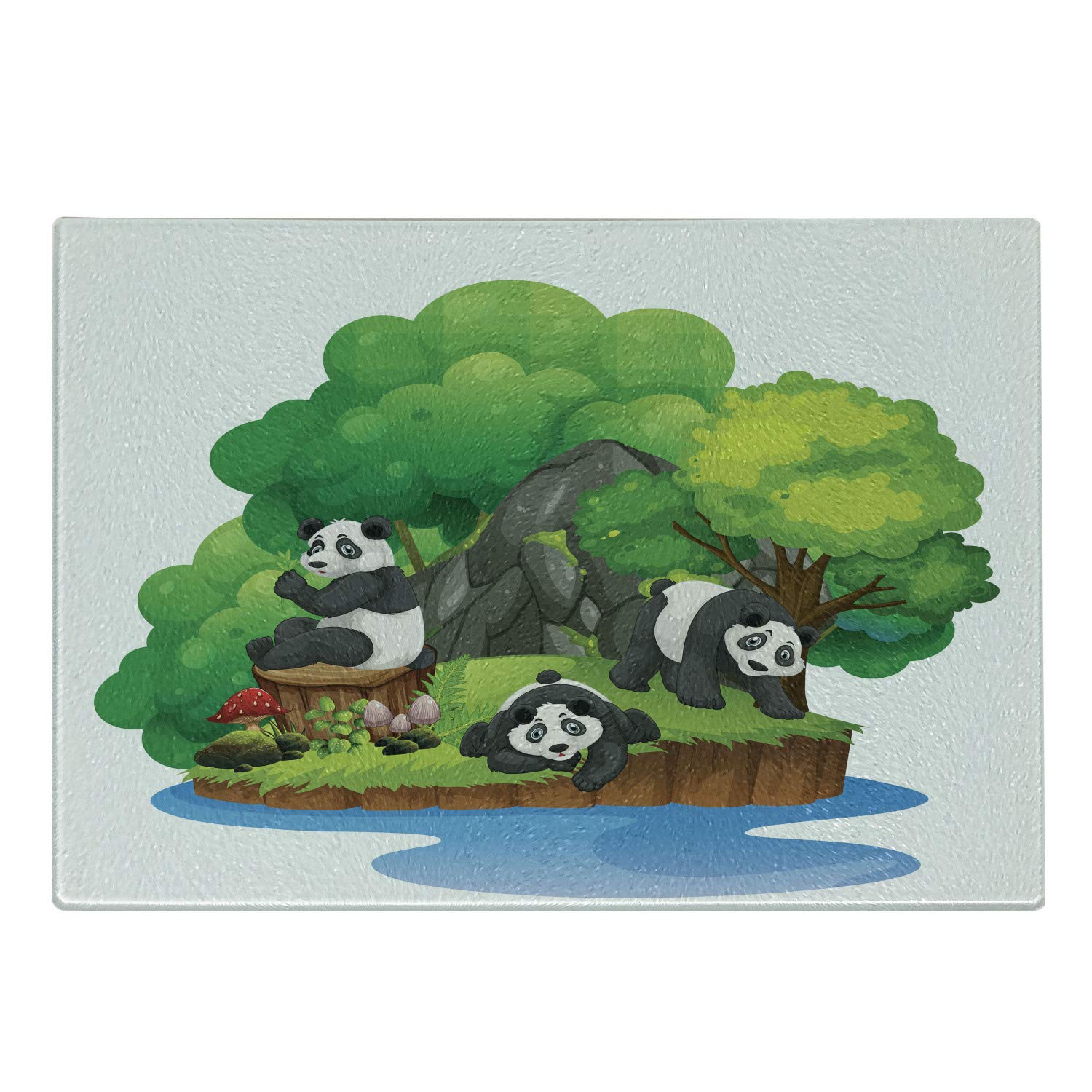 Ambesonne Panda Themed Cutting Board - Digital Island Scene with 3 Mammals, Mushrooms & Forest Elements - Decorative Tempered Glass Serving Board - Small Multicolor - Perfect for Kitchen Prep, Charcuterie & Home Decor