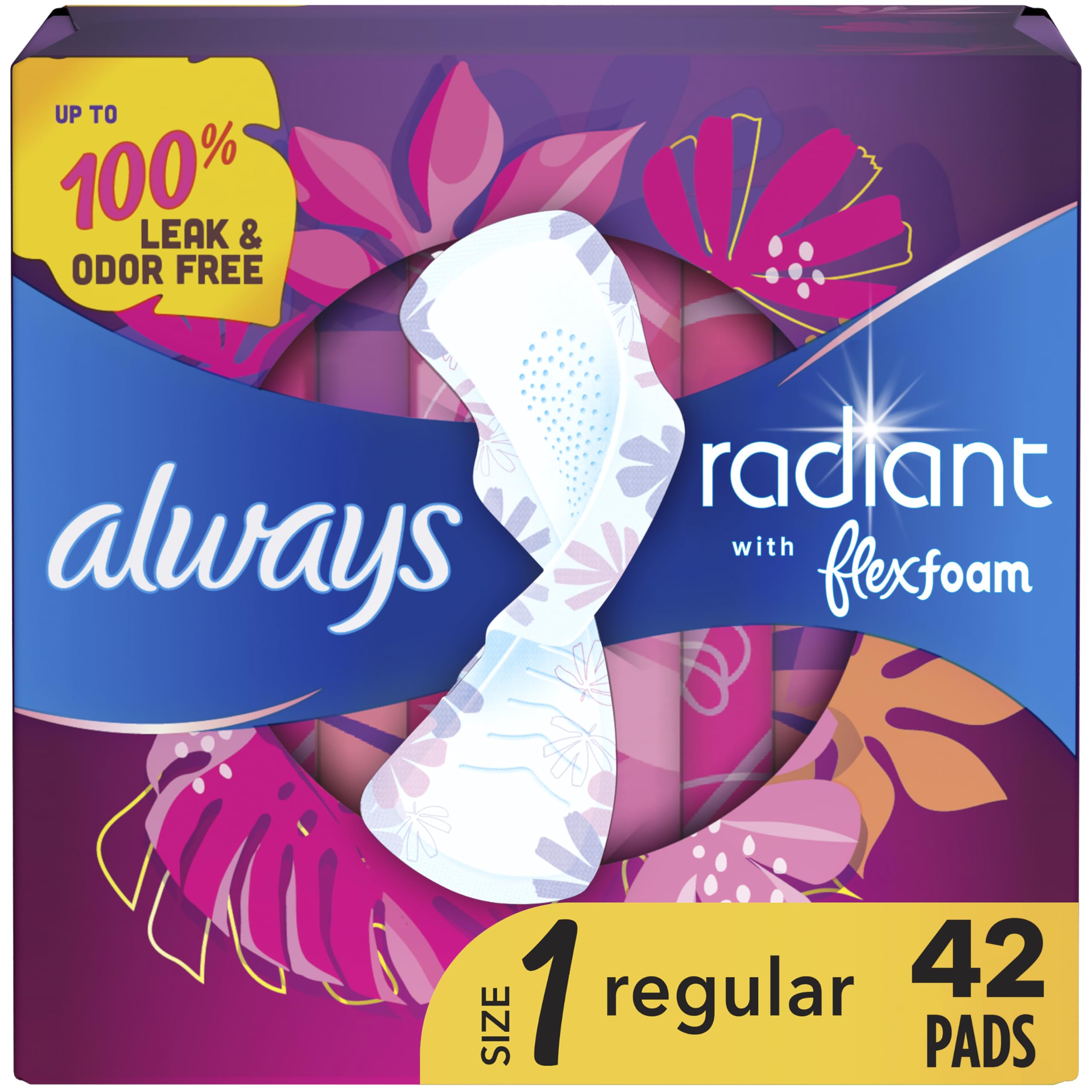 Always Radiant Feminine Pads for Women - Flexfoam with Wings, Size 1 Regular Absorbency, Lightly Scented, Leakproof Protection (42 Count) - Perfect for Daily Use, Workouts & Overnight Protection