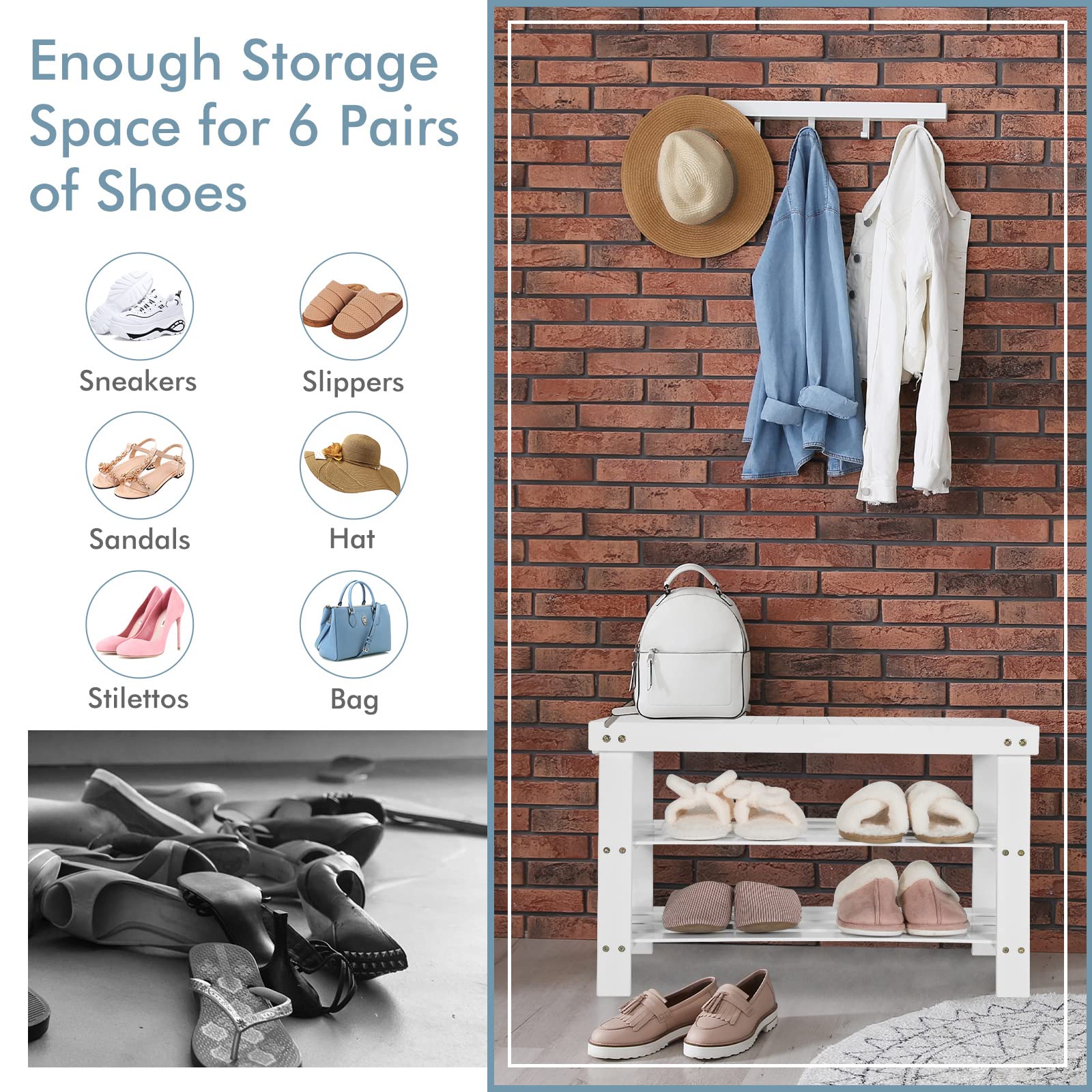 KOTEK 3-Tier Bamboo Shoe Rack Bench - Sturdy Entryway Shoe Organizer Shelf with 220 lbs Weight Capacity - Multi-Purpose Storage for Shoes, Boots & Accessories - Perfect for Hallway, Bathroom, Living Room & Bedroom (White)