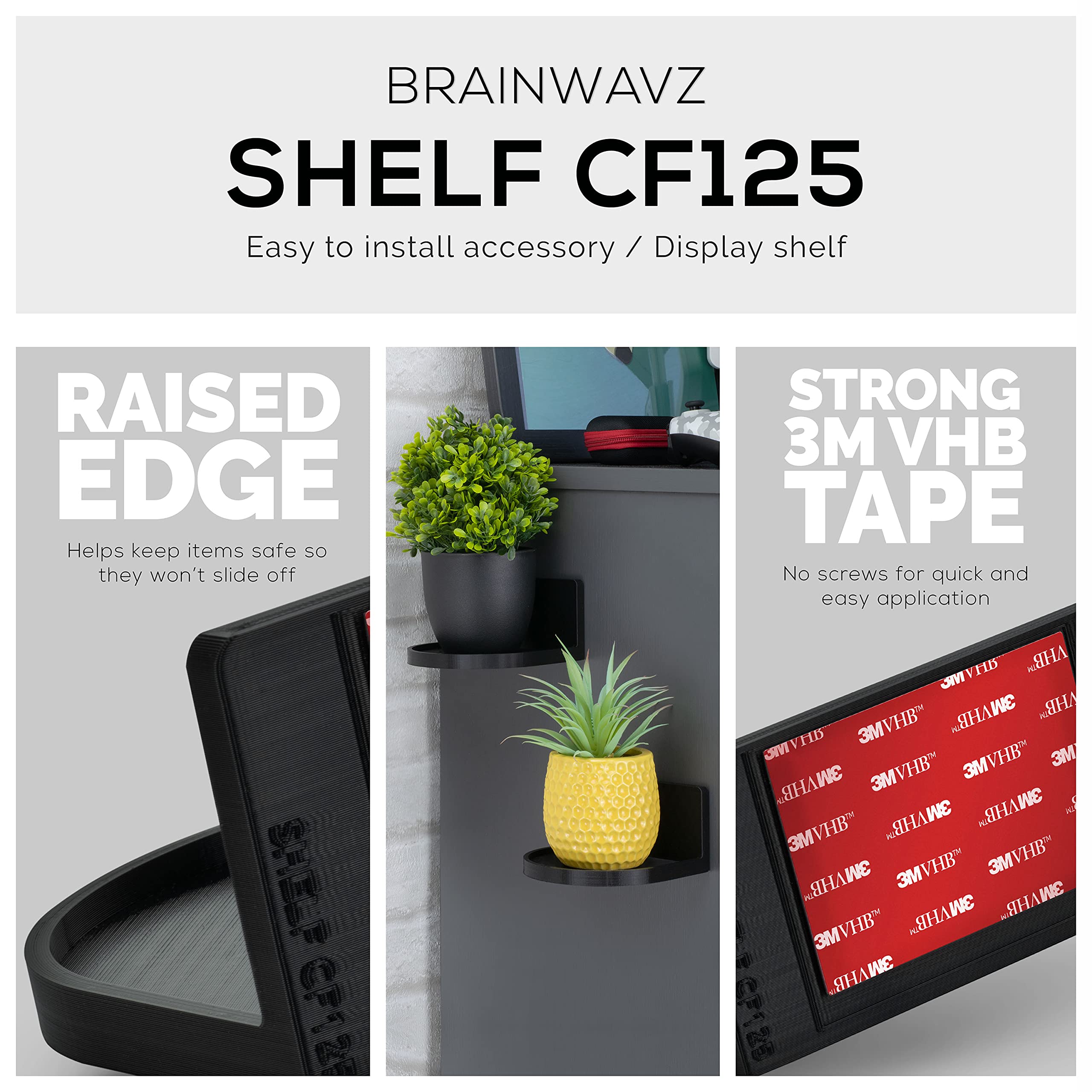 BRAINWAVZ Universal Screwless Round Floating Shelf Mount - Strong Adhesive for Security Cameras, Baby Monitors, Speakers, Plants & Toys - Easy to Install 4.6” x 4.2” (CF125) Black - Perfect for Home, Office & Nursery Organization