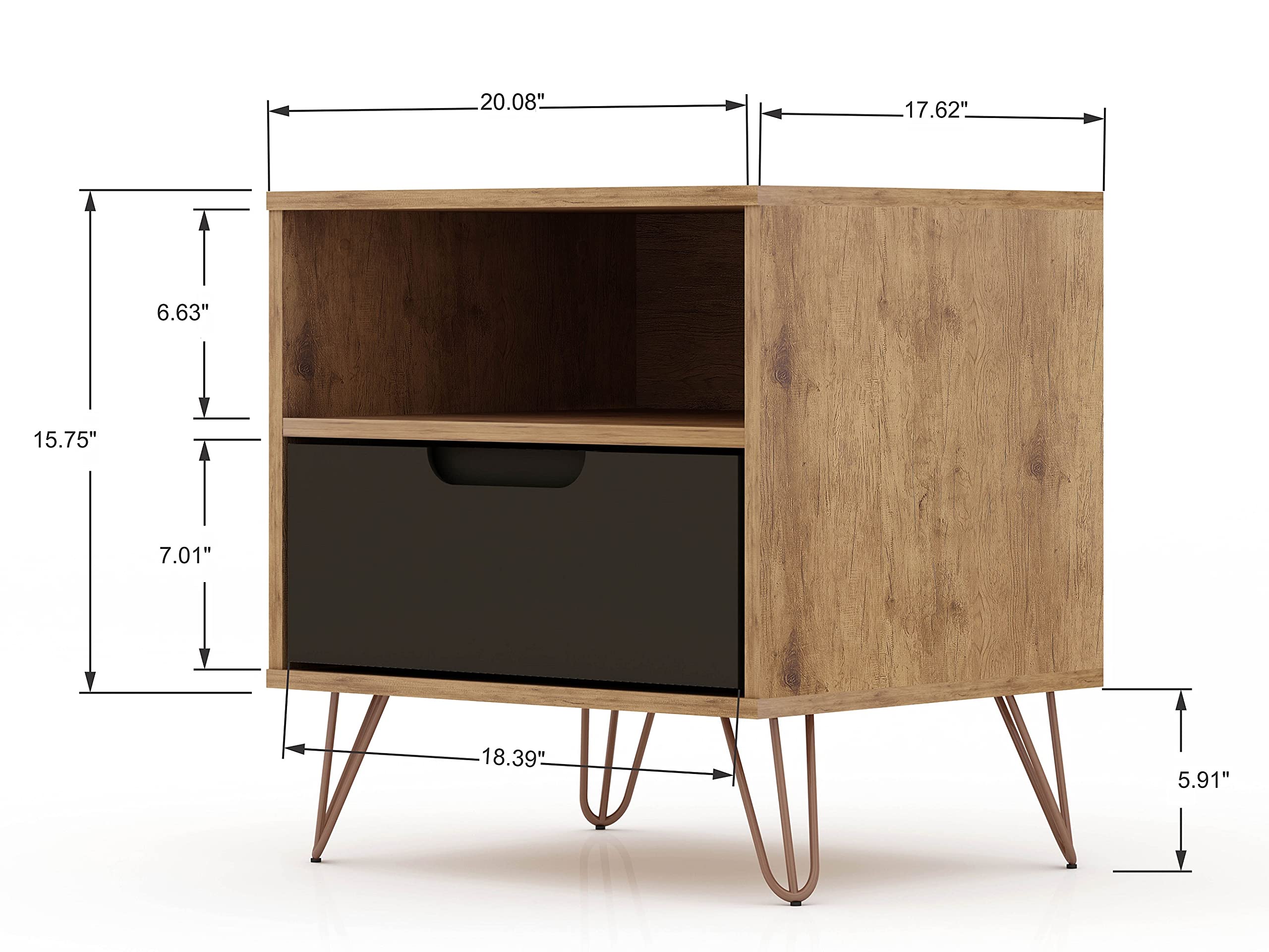 Mid Century Modern Nightstands Set of 2 with Drawer & Cubby - Functional Storage Organizer for Bedroom & Living Room - Grey Manhattan Comfort Rockefeller Bedside Tables - Perfect for Small Spaces, Guest Rooms & Apartment Decor