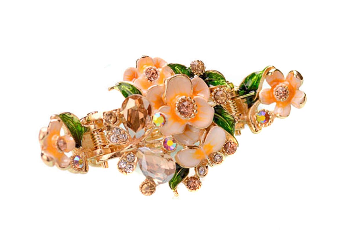 Vintage Enamel Flower Rhinestone Hair Claw Clip - Dual Spring Shiny Crystal Hair Accessories for Women, Alloy Crab Clip (Orange) | Perfect for Parties, Weddings & Everyday Elegant Hairstyles