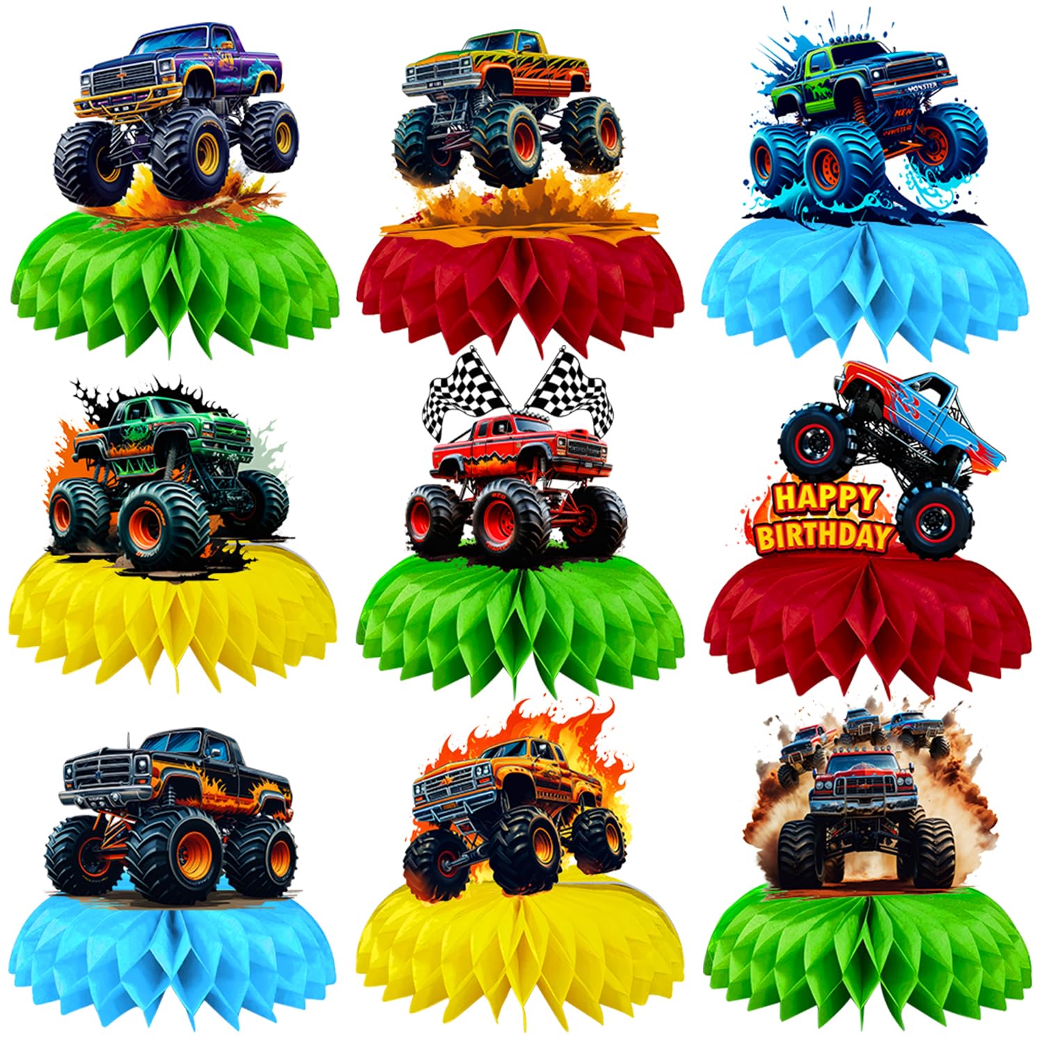 9 Pcs Monster Truck Centerpieces for Birthday Party Decorations - Monster Truck Table Decor, Party Supplies for Kids - Perfect for Themed Parties, Baby Showers & Events
