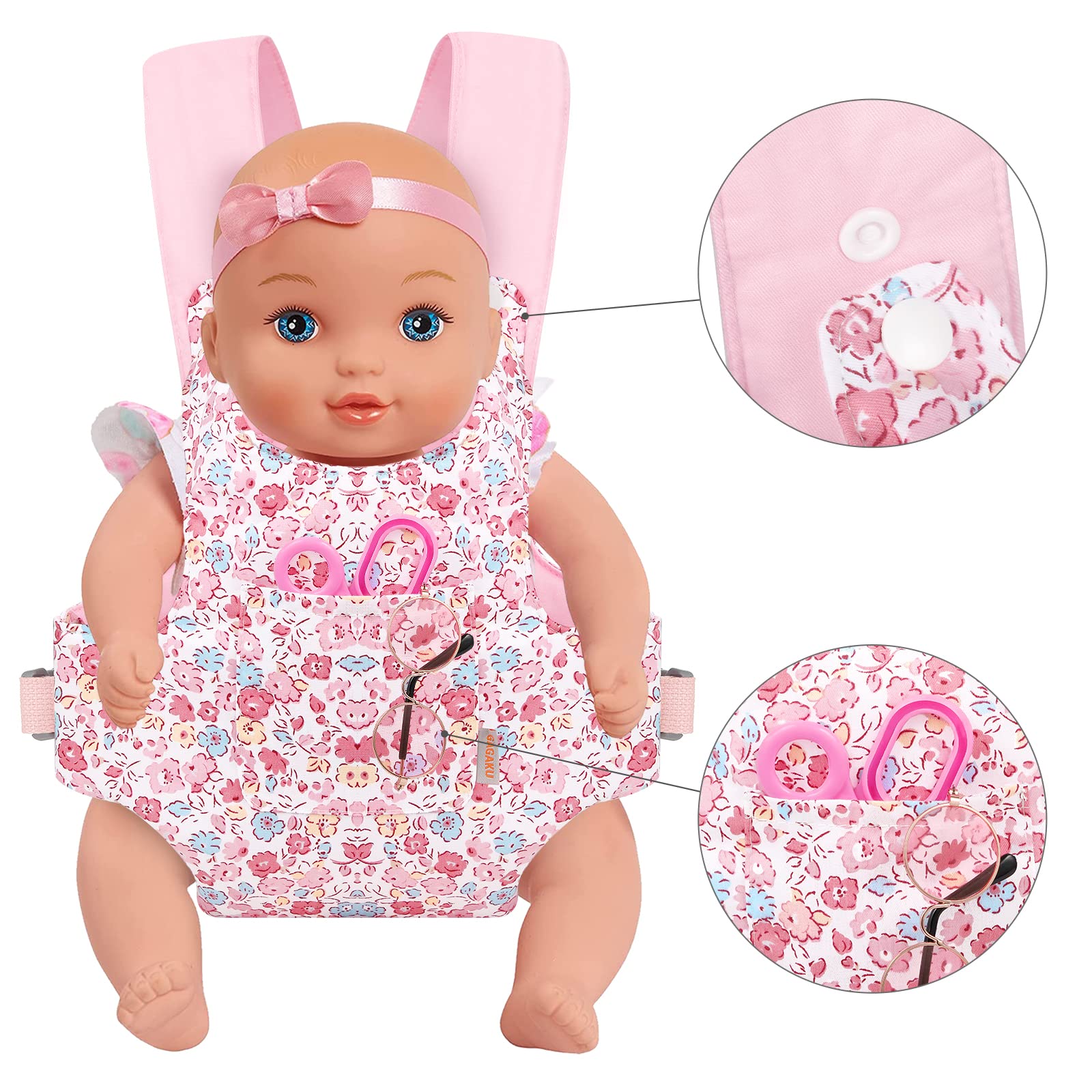 GAGAKU Adjustable Baby Doll Carrier for Girls - Soft Stuffed Animal Carrier with Comfortable Straps Fits 12 to 20 Inch Reborn Dolls (Pink Floral Design) - Perfect for Pretend Play, Tea Parties & Outdoor Adventures