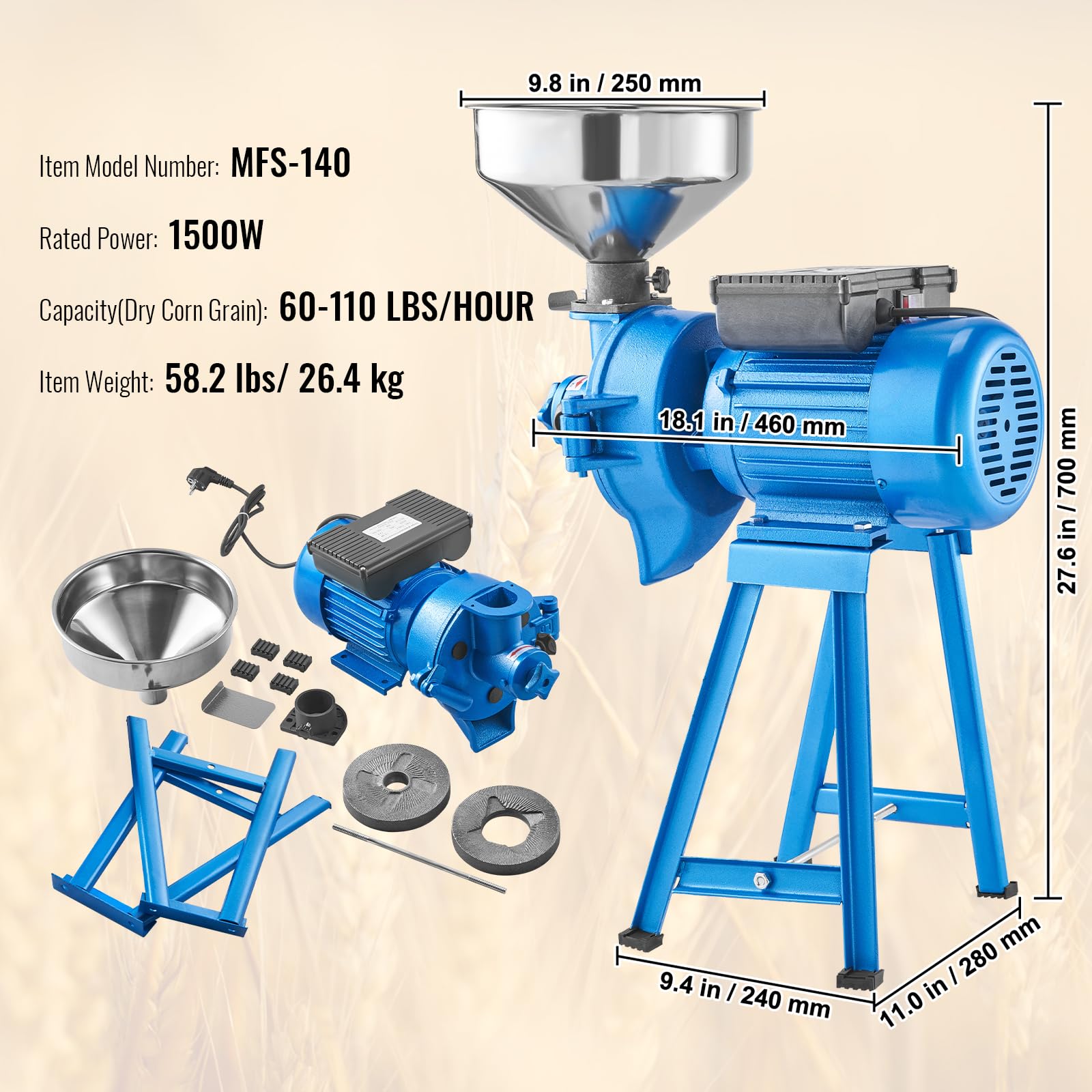VEVOR 1500W Electric Grain Mill Grinder - Commercial Heavy Duty Dry & Wet Spice Grinder for Corn, Wheat, Flour - Adjustable Powder Machine with Funnel - Perfect for Home Baking, Coffee Beans, Nut Grinding & Commercial Kitchen Use