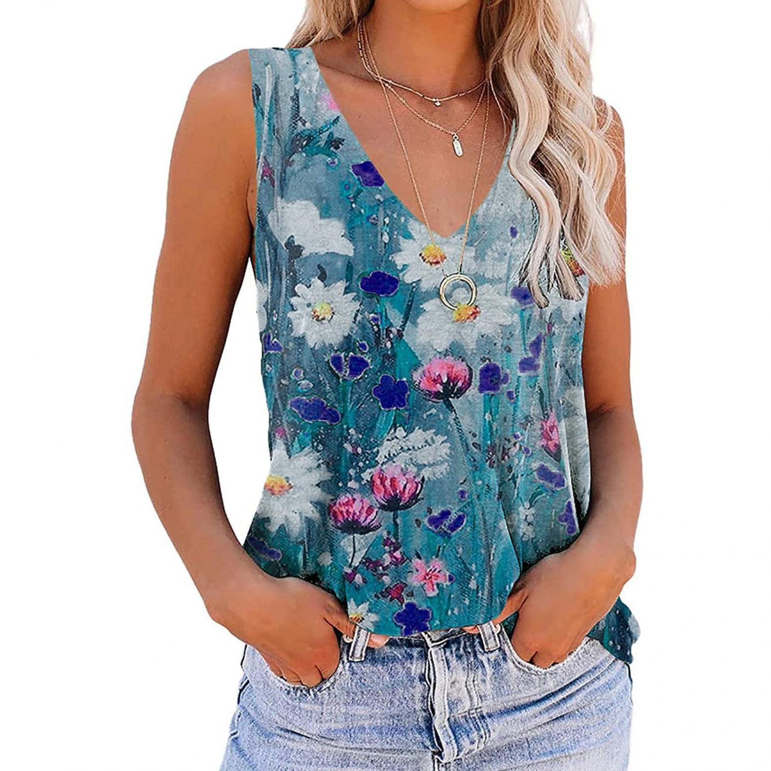 Trendy Women's V-Neck Sleeveless Tank Tops - Colorful Side Split Loose Fit Cami Blouses for Casual Wear, Summer Outfits & Layering