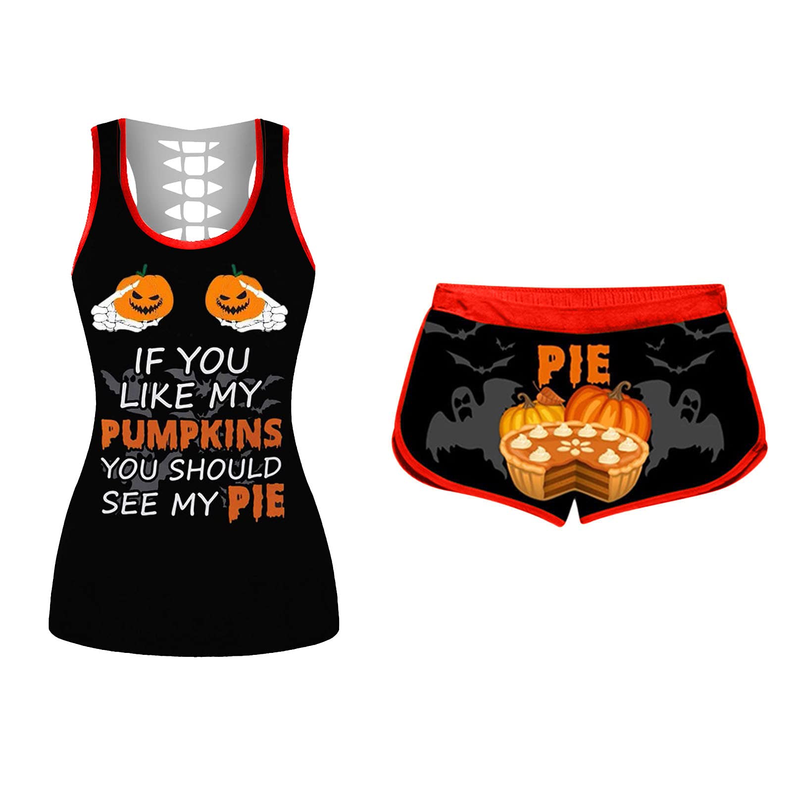 Women's Sexy Sleeveless Tank Top & Shorts Set - Halloween Print Sport Outfit (Red, XL) | Gym Workout, Costume Party, Summer Fashion