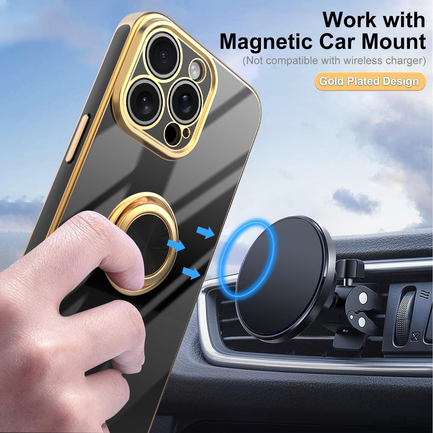 Premium iPhone 15 Pro Max Case with Multi-Function Finger Ring Stand - Upgraded Camera Protection & Gold Plated Slim Cover (Black) | Perfect for Everyday Use, Travel & Hands-Free Viewing
