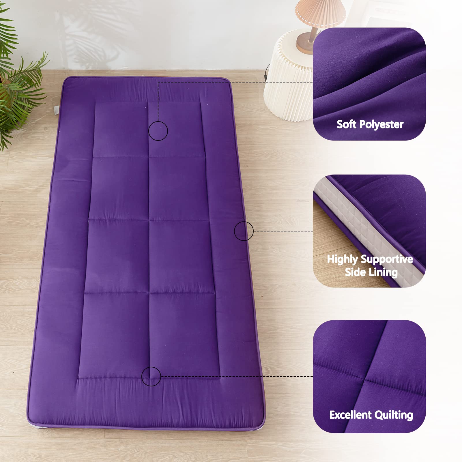 MAXYOYO Twin Bed Mattress - Japanese Floor Futon Mattress for Camping & Home Use | Foldable Portable Twin Mattress Pad Topper | Purple Single Floor Bed | Perfect for Guest Rooms, Dorms, Camping & Small Spaces