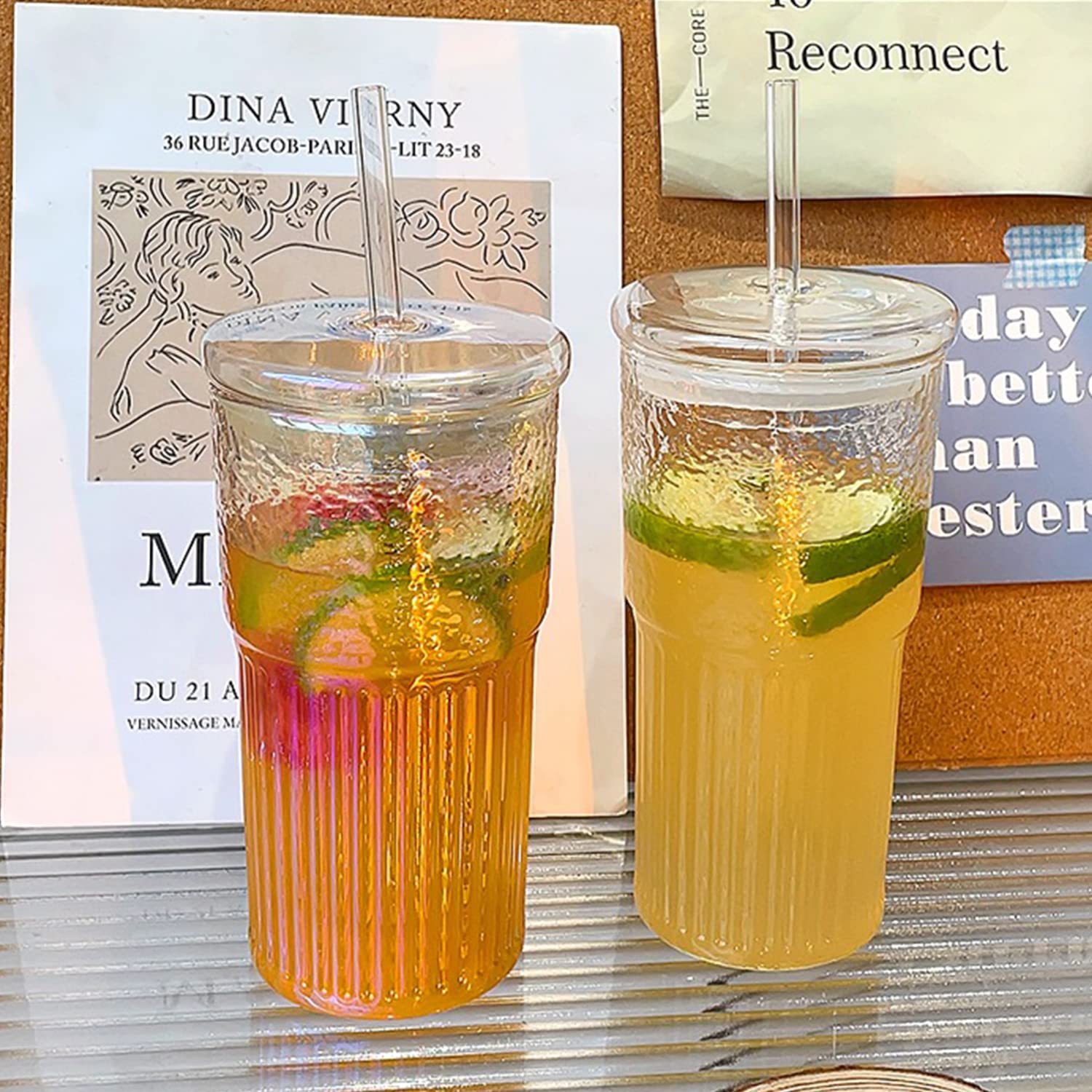 2 Packs 20 oz Glass Tumbler with Lids and Straws - Reusable Clear Glass Coffee Mug for Hot & Cold Drinks - Insulated Thick Wall Iced Tea Cup - Perfect for Coffee, Tea, Smoothies at Home, Office or Travel