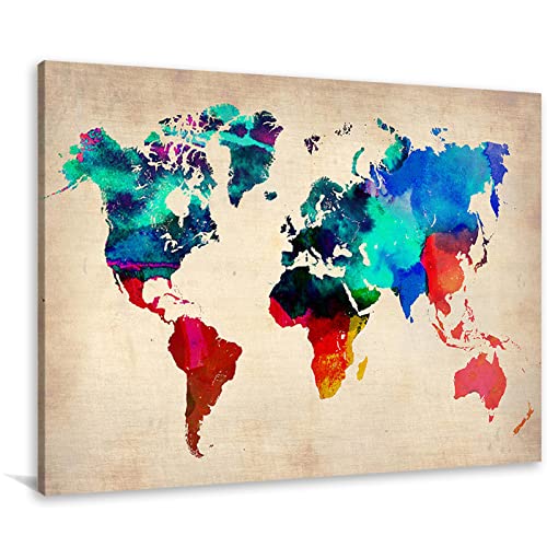 Watercolor World Map Canvas Print - Six Continents Wall Art Painting for Home & Office Decor - Ready to Hang 12x18 Inch - Perfect for Living Room, Bedroom or Study Room Decoration