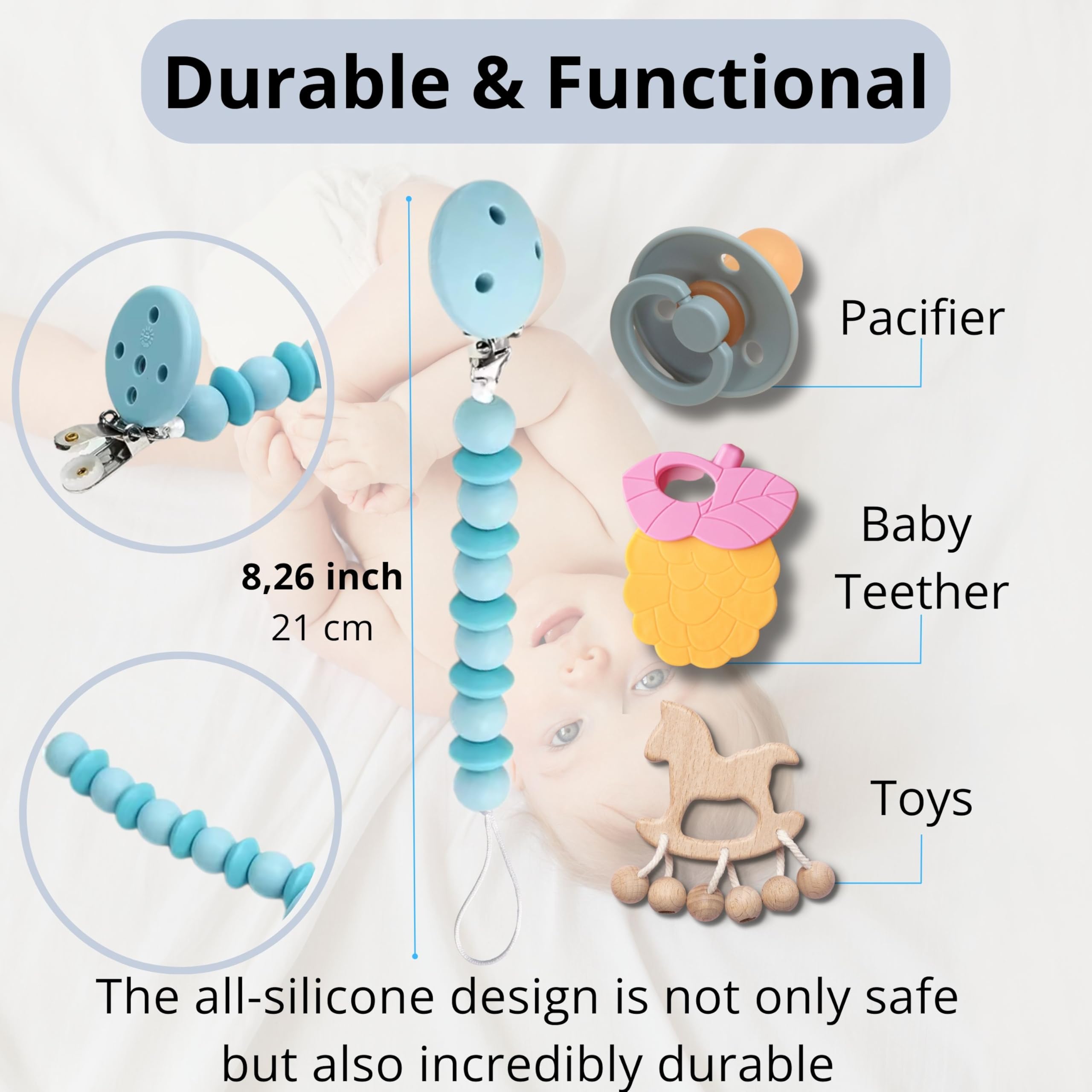 HappyDoo 2-in-1 Silicone Pacifier Holder & Clip Set - BPA Free, Flexible & Easy Clean (3-Pack with Gift Box) - Perfect for Baby Strollers, Car Seats & Diaper Bags