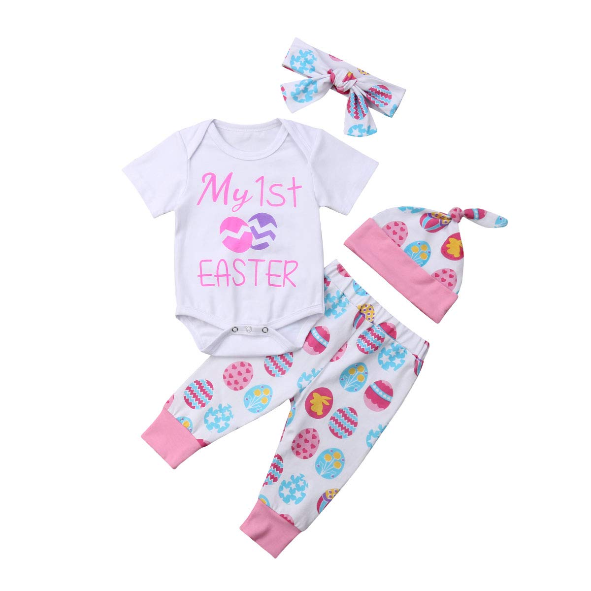 4Pcs Baby Easter Romper Set - Letter Print Short Sleeve Bodysuit with Easter Egg Pants, Headband & Hat | Newborn Spring Outfit for Easter Photos, Church & Family Gatherings