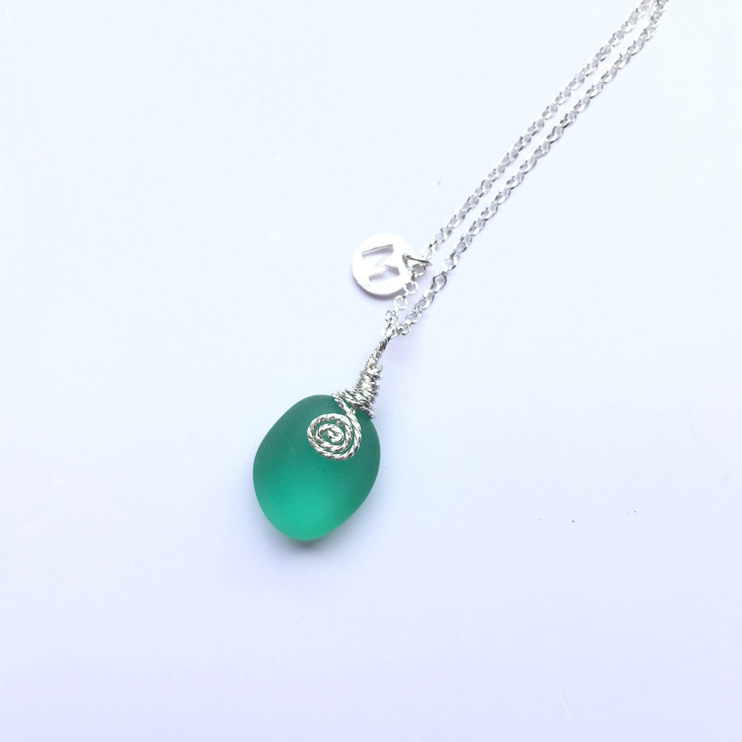 Sterling Silver Teal Sea Glass Necklace with Personalized Initial Letter Pendant - Adjustable Beach Glass Jewelry for Women - Perfect Personalized Gift for Birthday, Anniversary & Beach Vacation