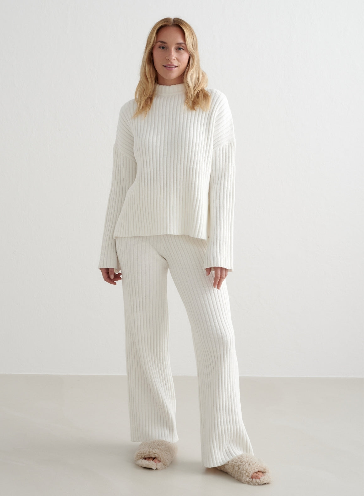 Almond White Rib Knit Sweater and Skirt Set - Women's Casual Winter Outfit for Work, Dates & Holiday Gatherings
