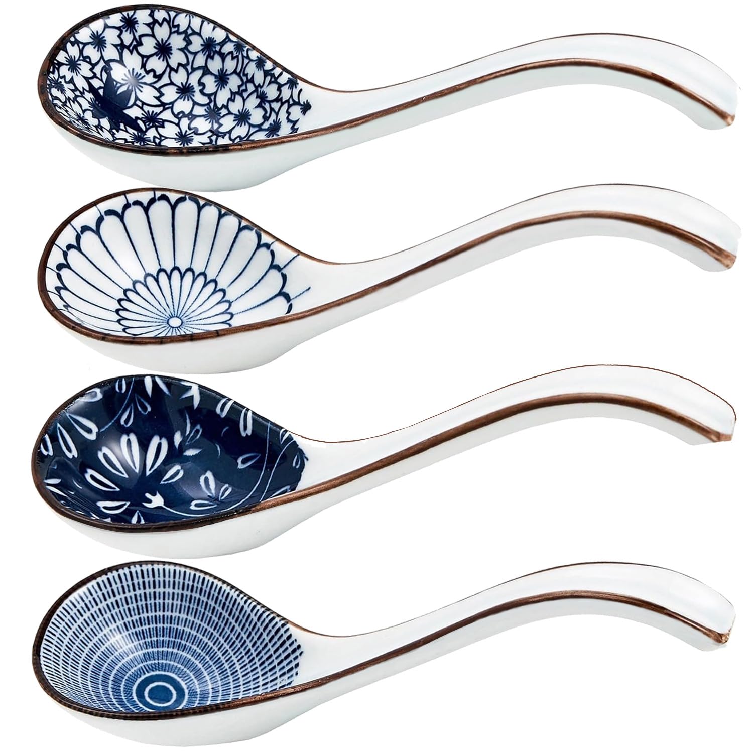 4-Piece Asian Soup Spoon Set - Long Handle Ceramic Porcelain Spoons for Ramen, Pho, Miso, Wonton Noodles & Rice | Perfect for Asian Cuisine, Home Dining & Restaurant Use