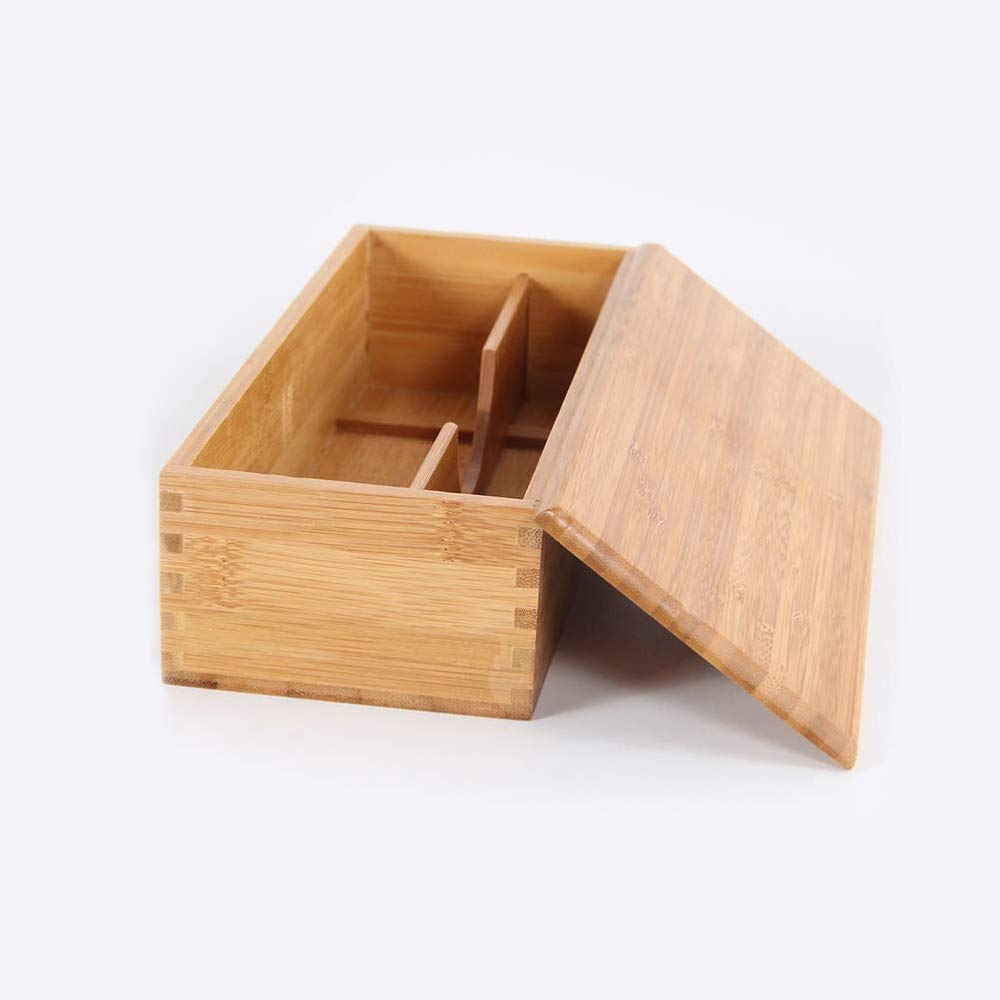 Premium Wooden Double Grid Storage Box - Bamboo Cutlery Organizer for Tableware, Chopsticks & Spoons with Lid - Perfect for Kitchen, Dining Room & Picnic Organization