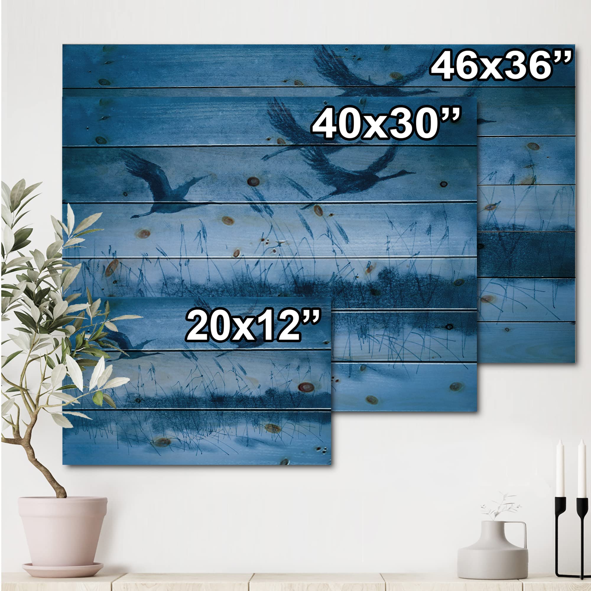 DesignQ Blue Wood Wall Art - Flying Cranes on Pine Wood for Home Decor