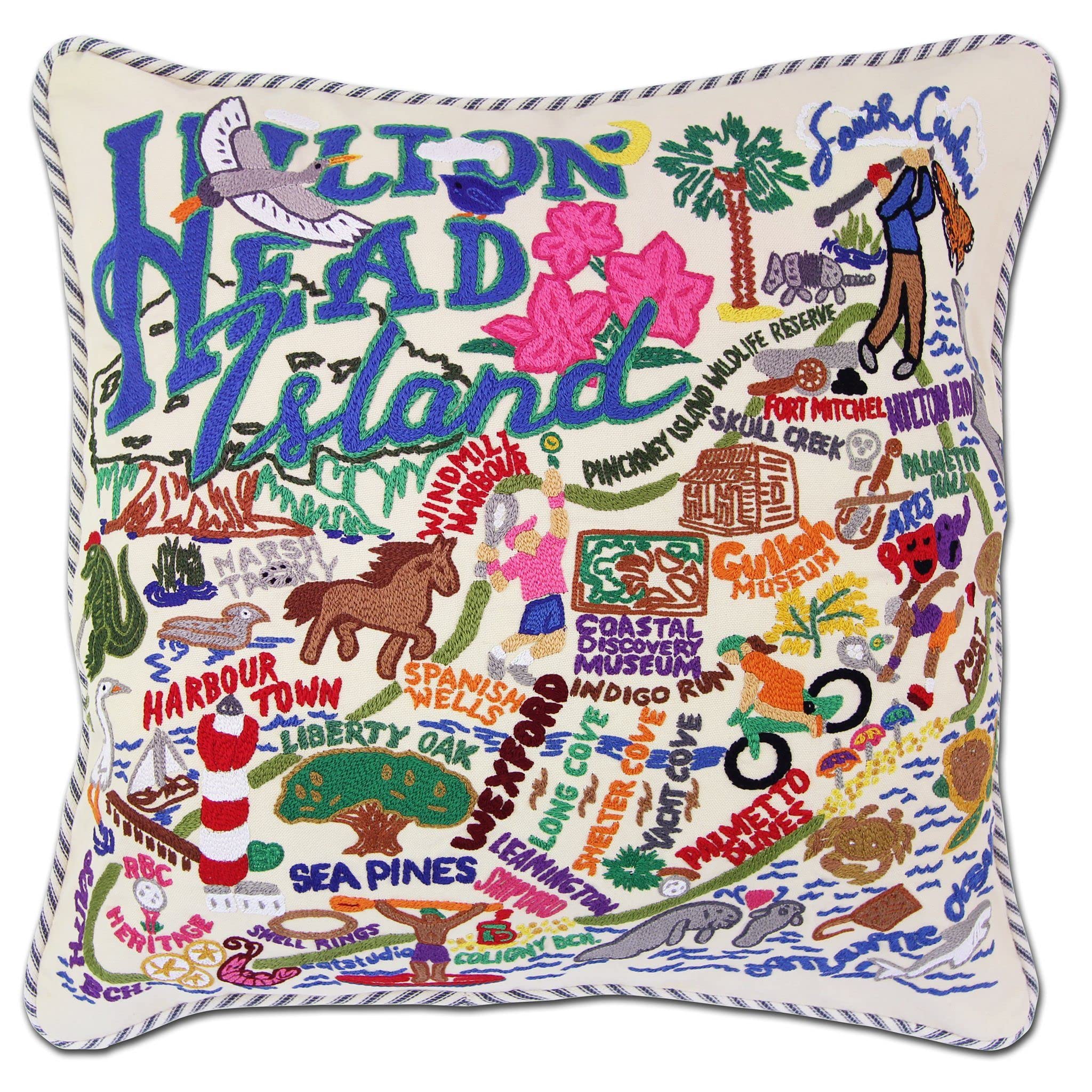 Catstudio Hilton Head Embroidered Decorative Throw Pillow - Coastal Home Decor for Sofa, Bed & Living Room - Perfect for Beach House & Cottage Style Interiors