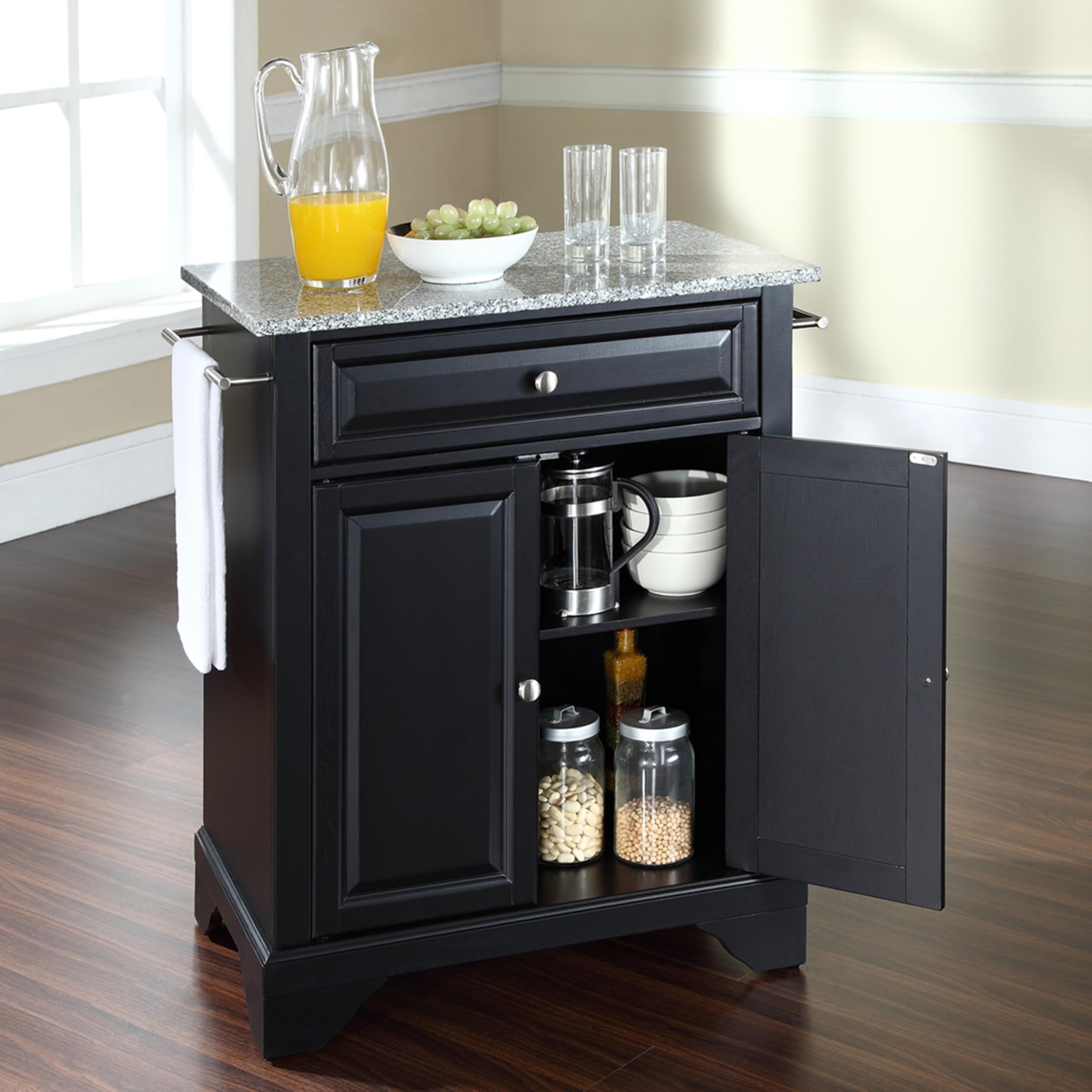Crosley Lafayette Granite Top Portable Kitchen Island Cart with Wheels - Microwave Stand, Storage Cabinet for Small Spaces, Black - Perfect for Apartments, Dorms & Compact Kitchens