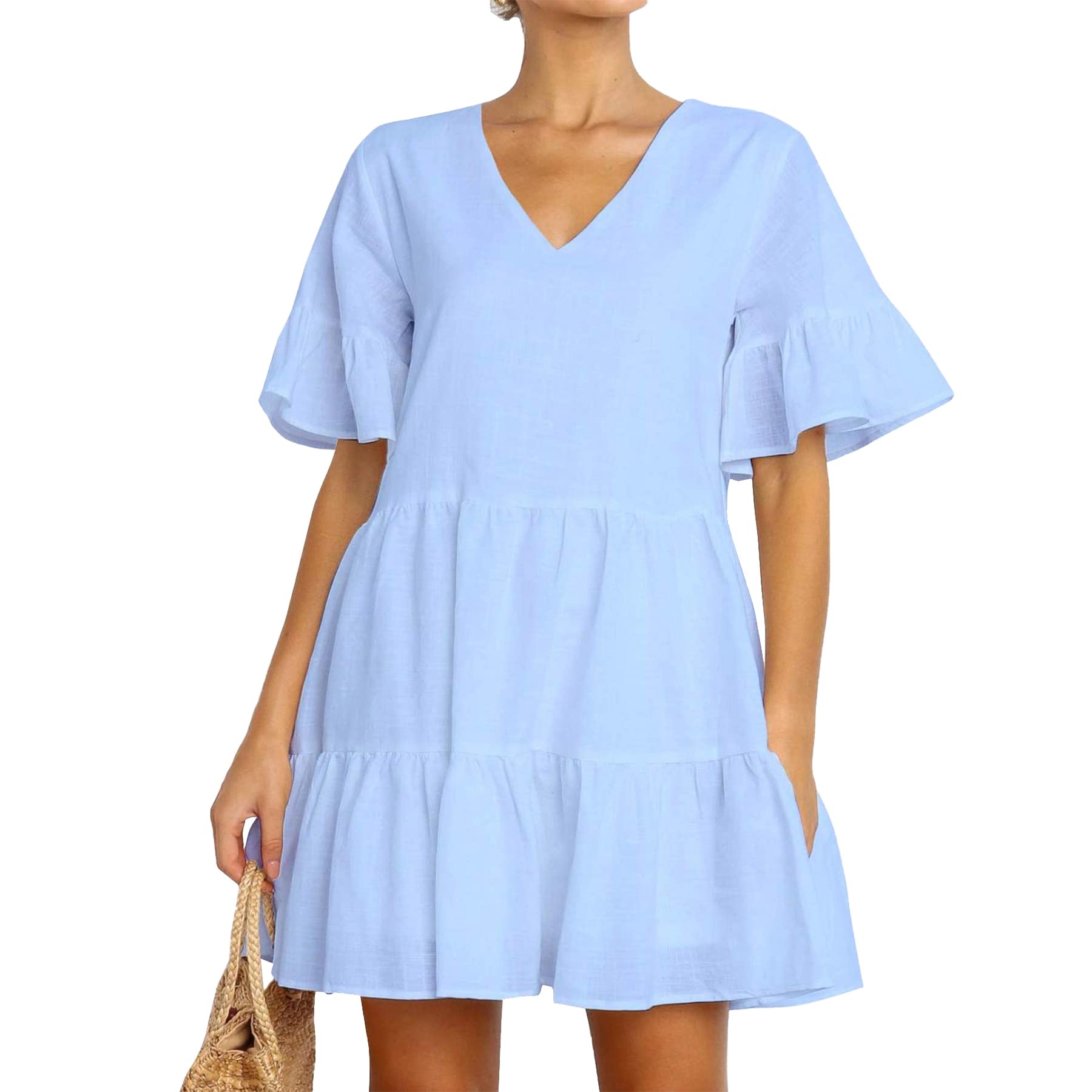 WERLIKE Women's Summer Casual Dress - Loose Fit V-Neck Puff Sleeve Mini Dress with Pockets | Perfect for Beach, Vacation, and Everyday Wear