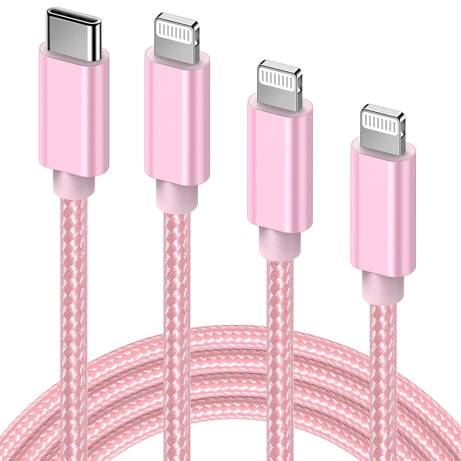 **MFi Certified USB C to Lightning Cable 3 Pack (6ft) - Fast Charging & Data Sync Nylon Braided iPhone Charger Cord for iPhone 14/13/12/11/Pro Max/X/8/SE, iPad & MacBook - Durable & Tangle-Free (Pink) - Perfect for Home, Office & Travel**