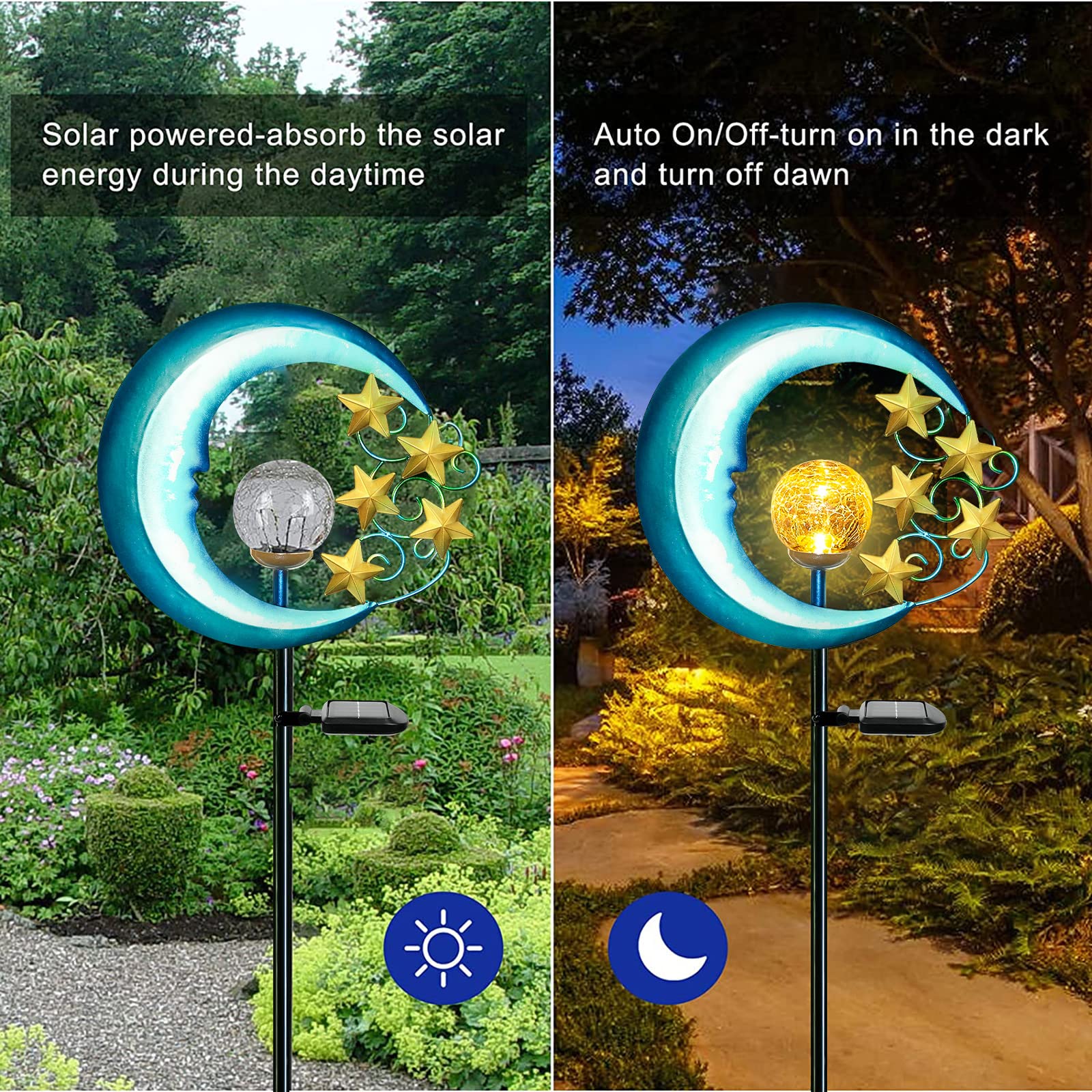 Solar Powered Outdoor Garden Lights - Waterproof Crackle Glass Globe LED Landscape Lighting for Pathway, Yard, Lawn, Patio | Decorative Moon & Stars Design for Garden, Walkway, Driveway, Backyard Lighting
