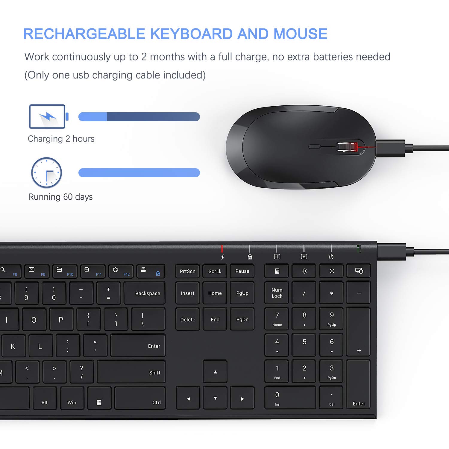 Vssoplor 2.4GHz Wireless Keyboard and Mouse Combo - Rechargeable, Compact, Quiet Full-Size with Nano USB Receiver for Windows PC/Laptop/Notebook (Black) - Perfect for Office, Home & Gaming Use