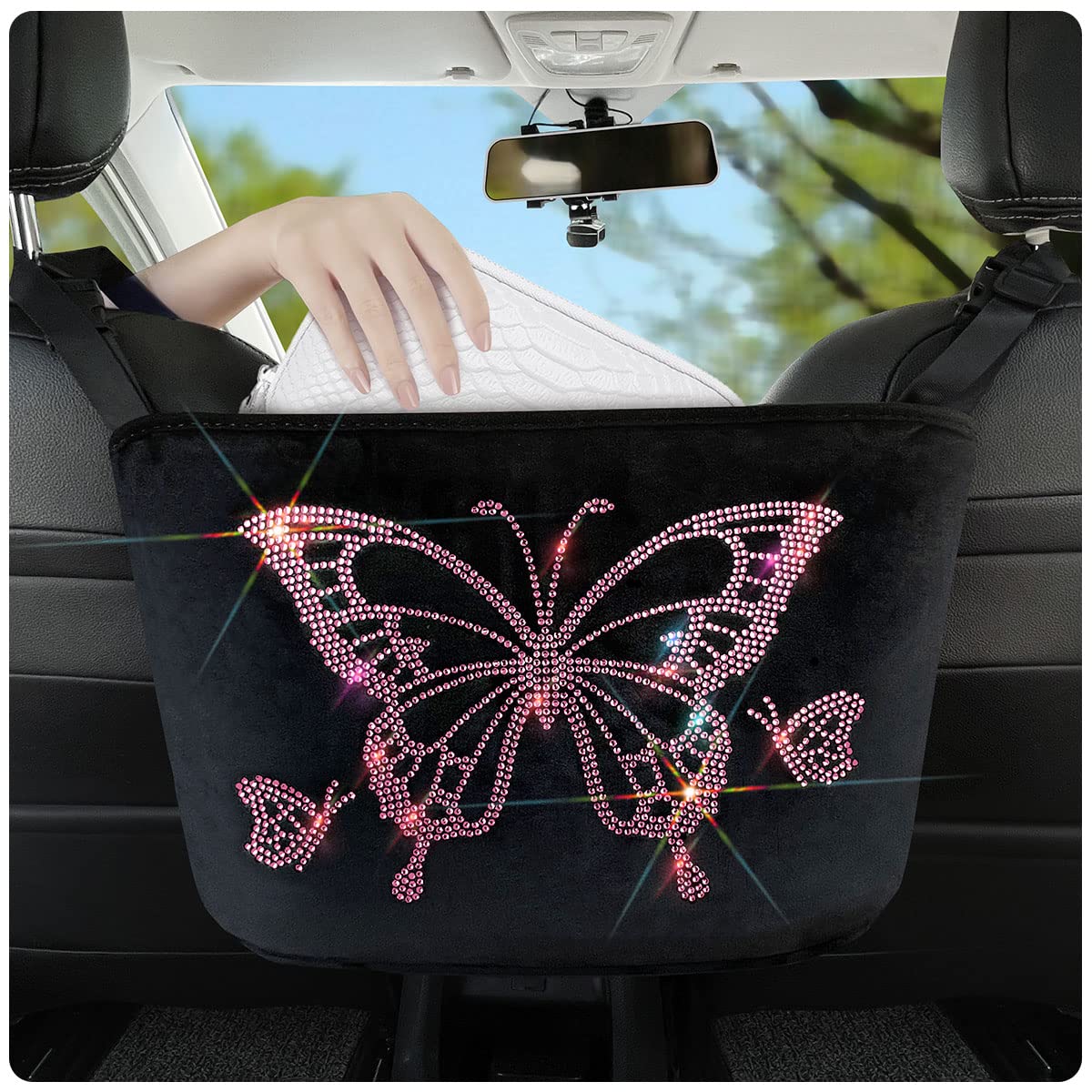 Pink Car Handbag Holder & Backseat Organizer - Car Net Pocket for Purse Storage Between Seats | Perfect for Road Trips, Commuting & Keeping Your Car Tidy