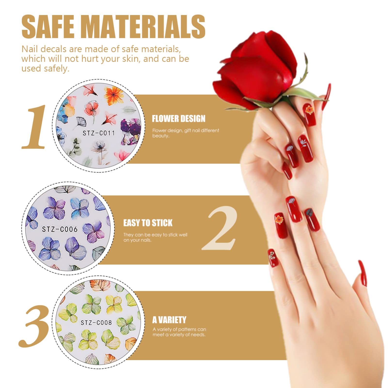 EXCLUZO 6 Sheets Self-Adhesive Nail Art Decals - Floral Nail Stickers for Women, DIY Manicure Designs, Waterproof Nail Decorations for Parties, Weddings & Special Occasions