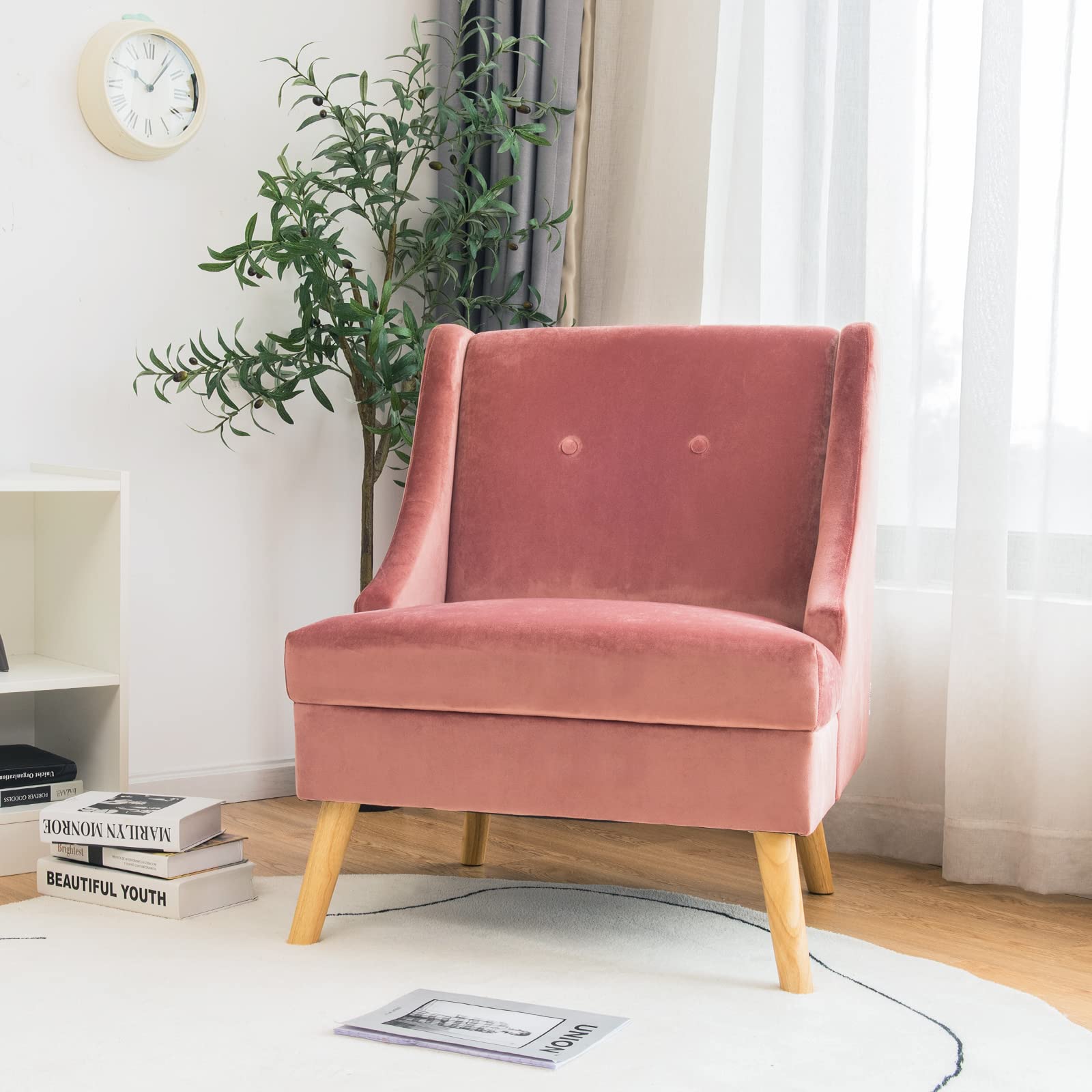 Velvet Accent Chairs Set of 2 - Upholstered Armchairs with Rubber Wood Legs, Button Tufted Club Chairs for Living Room, Bedroom, Reading Nook - Soft Pink Velvet Sofa Chairs for Home Decor & Relaxation