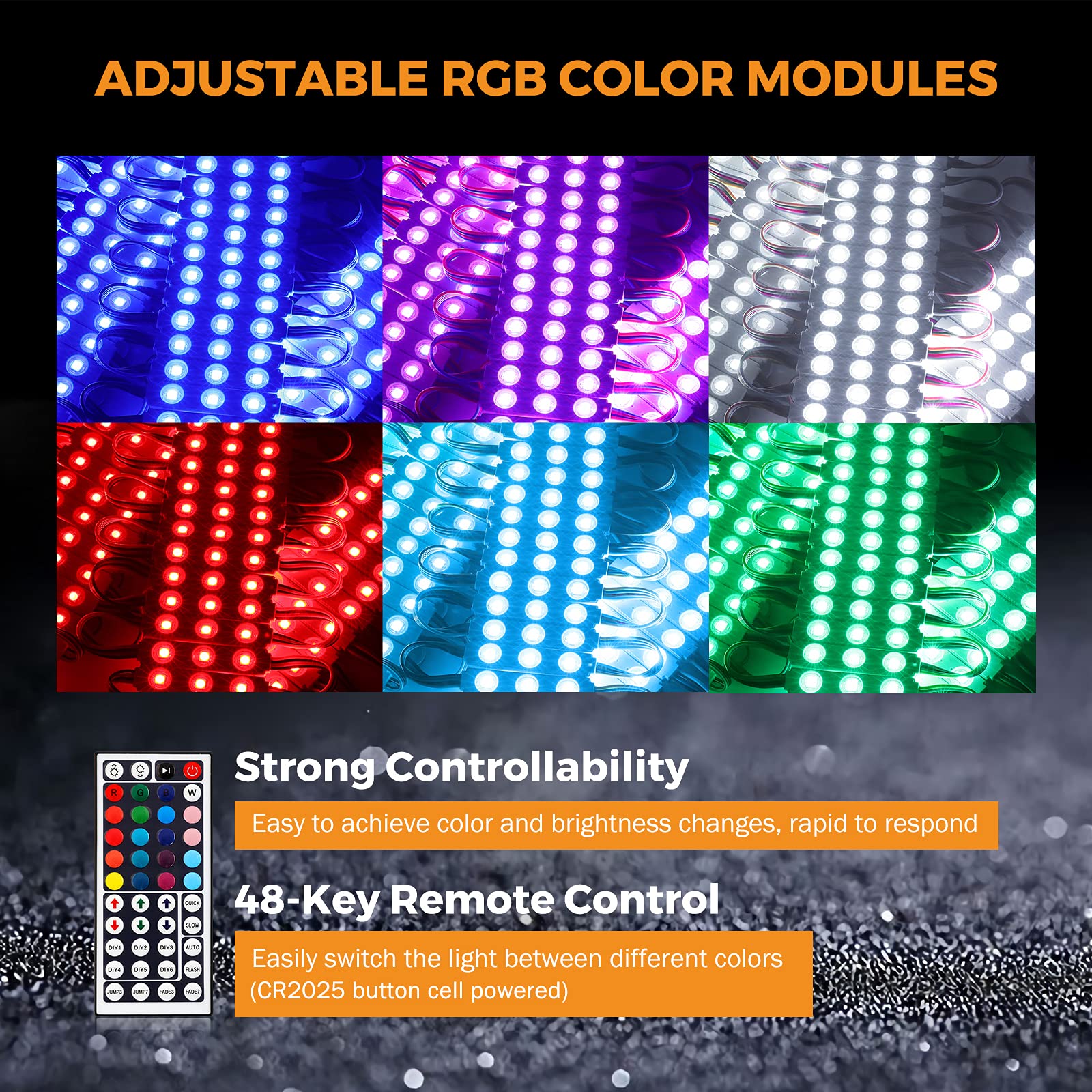 BEAMNOVA 50Ft Commercial RGB LED Strip Lights with Remote Control - 12V Power Supply, 100Pcs 3-LED Waterproof Outdoor Light Strips for Storefront, Business Signage, Wedding & Party Decorations