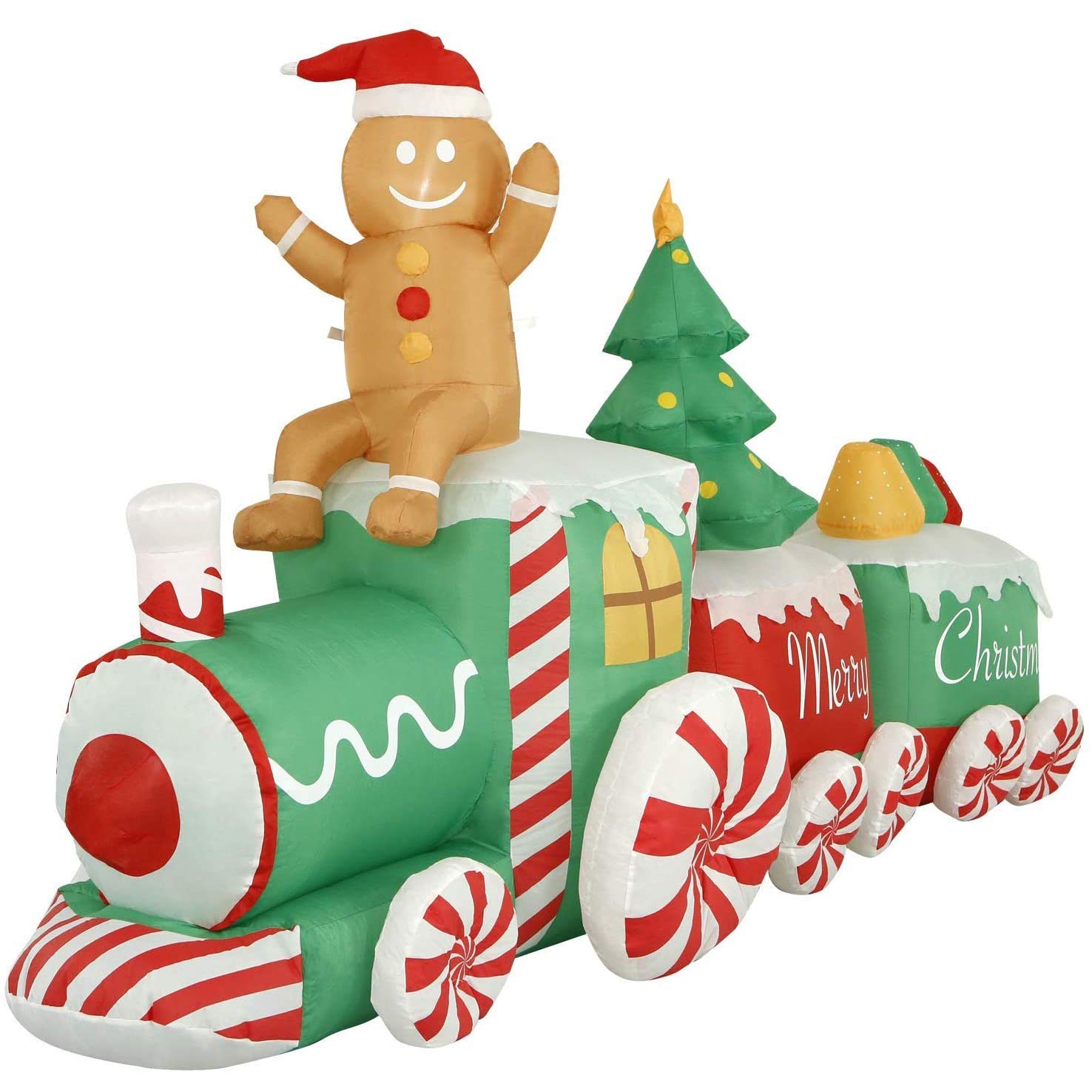 Holidayana 10ft Inflatable Christmas Train with Gingerbread Man - Outdoor Holiday Decoration with LED Lights, Blow Up Inflatable Christmas Tree Yard Decor Includes Fan & Stakes - Perfect for Front Lawn, Garden, and Holiday Party Decorations
