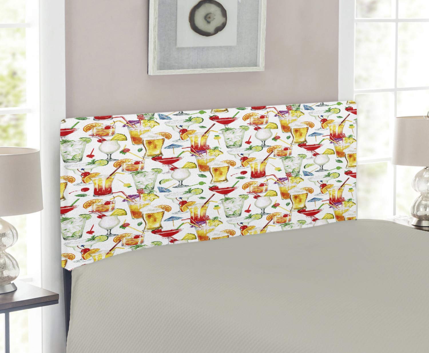 Ambesonne Tiki Bar Headboard - Exotic Cocktails Watercolor Art Upholstered Metal Bed Frame with Memory Foam | Twin Size Multicolor Tropical Decor | Perfect for Beach Themed Bedrooms, Tiki Bars & Summer Home Decor