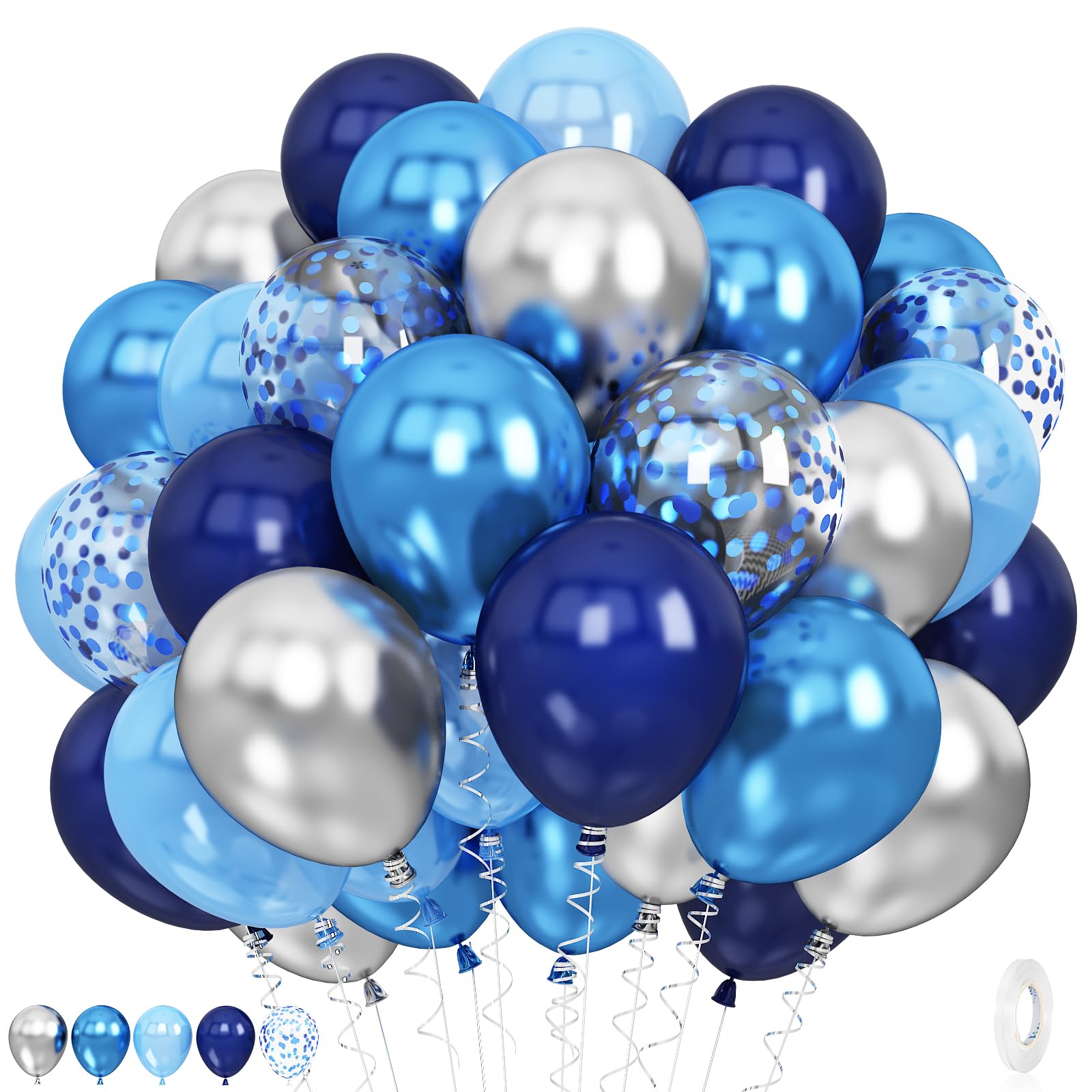 60 Pcs Navy Pearl Blue & Metallic Silver Balloons with Confetti - Helium Latex Party Balloons for Birthday, Baby Shower, Graduation 2025 Decorations - Perfect for Indoor & Outdoor Celebrations