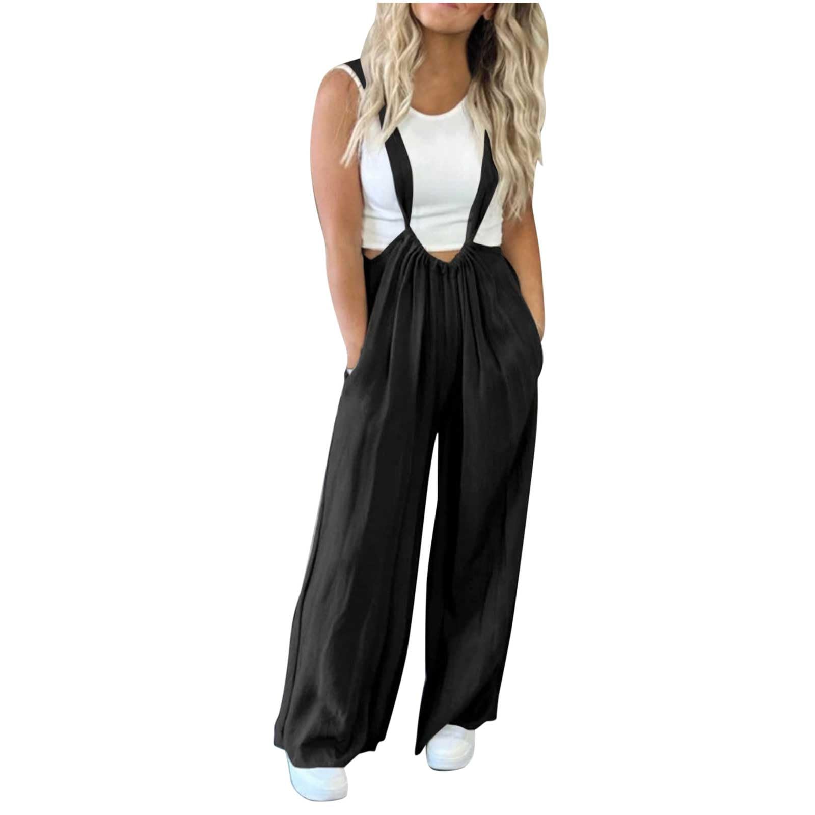 Plus Size Wide Flare Leg Jumpsuits with Suspenders - Women's Bib Overall Romper | Comfortable Loungewear for Spring Break, Casual Outings & Vacation Wear