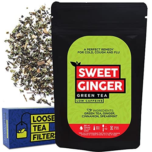 Organic Sweet Ginger Green Tea Loose Leaf - 50g (31 Cups) | Natural Digestive Aid & Immune Booster | Perfect for Relaxation, Detox & Cold Relief