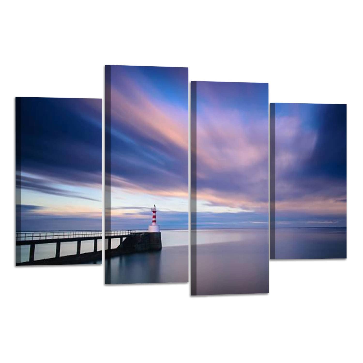 4 Panel Canvas Wall Art - Amble Pier Lighthouse Sunset Long Exposure Painting, Stretched & Framed Ready to Hang - Coastal Decor for Living Room, Bedroom & Office