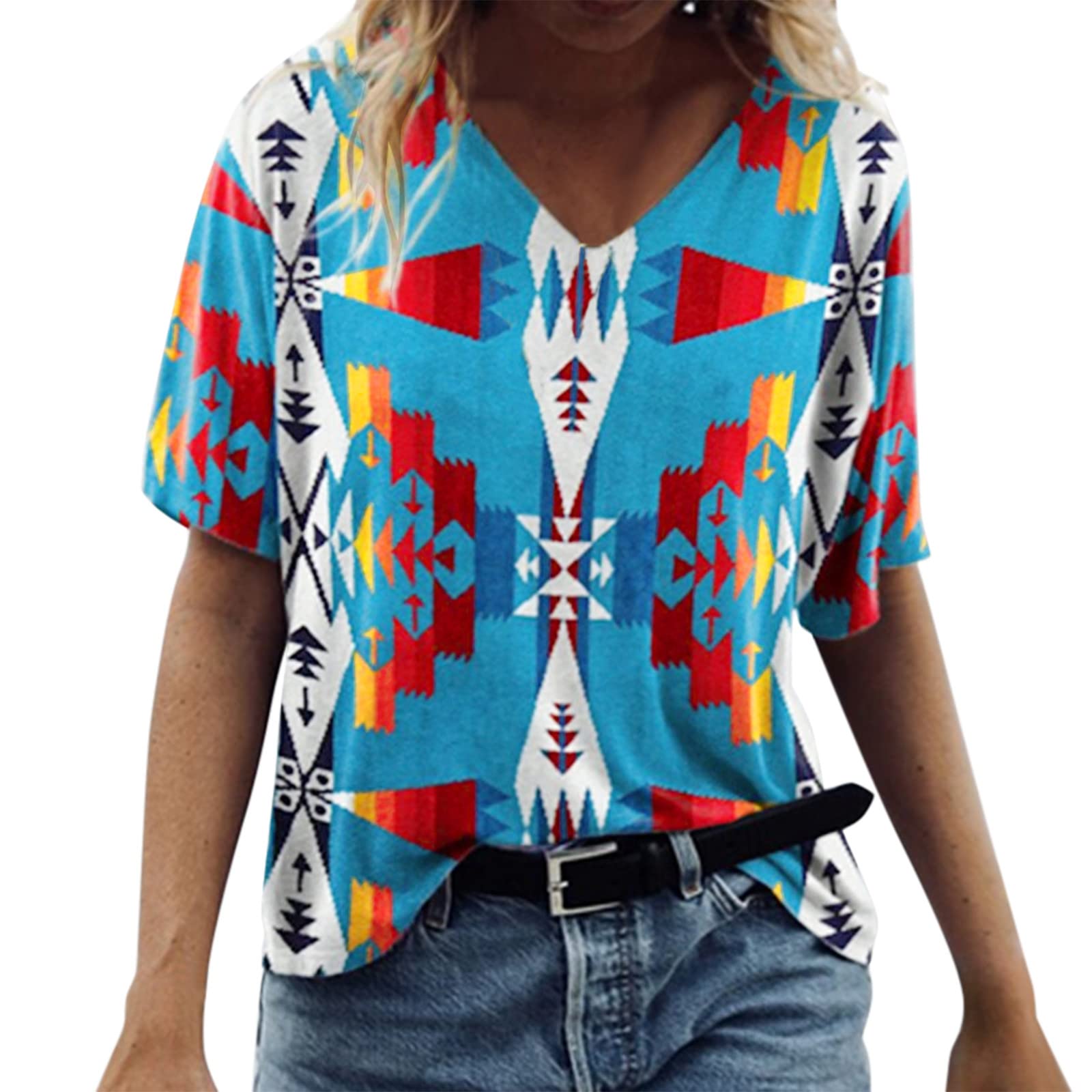 Women's Summer Tops Short Sleeve Color Block Tunic Blouse - Loose Fit Casual Shirts Trendy Fashion Top for Beach, Vacation & Everyday Wear