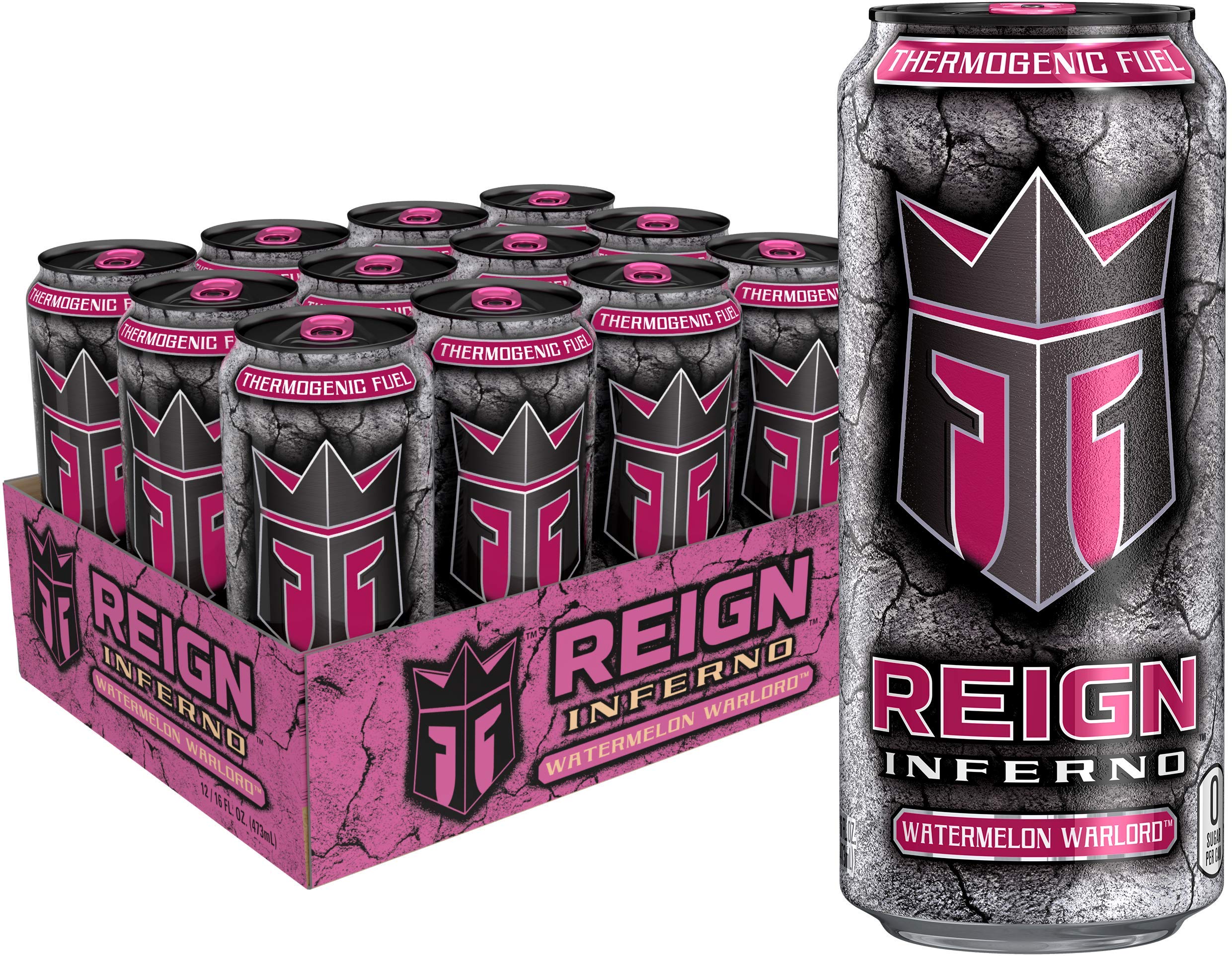 REIGN Inferno Watermelon Warlord Thermogenic Energy Drink - 16 Fl Oz (Pack of 12) | Pre-Workout & Post-Workout Performance Booster for Athletes & Fitness Enthusiasts