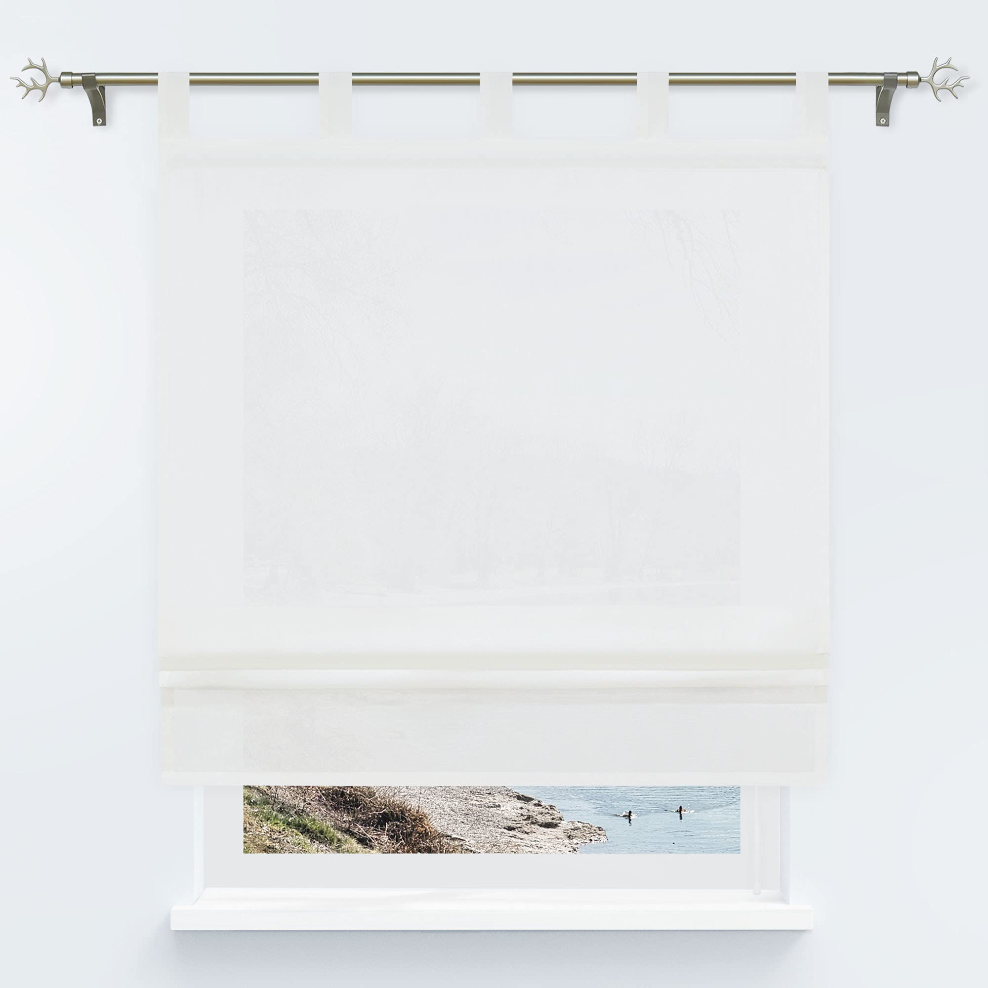 ISINO Joyswahl Sheer Tab Top Kitchen Curtains - 55x55 Inch White Balloon Window Drapes for Bathroom & Living Room - Light Filtering Adjustable Liftable Curtains for Windows, Home Decor & Privacy