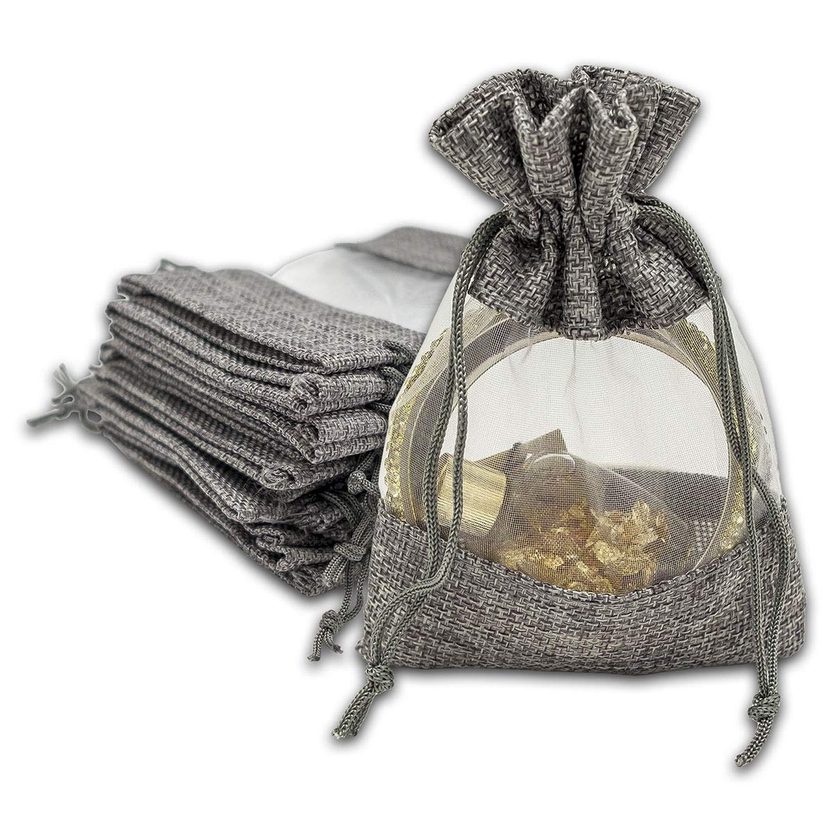 TheDisplayGuys - 48-Pack 3.5x5.5 Inch Gray Linen Burlap & Sheer Organza Drawstring Gift Bags for Party Favors, Wedding Favors, Baby Shower, Birthday Presents, Samples & Treats - Small Mesh Pouch for Candy, Jewelry & Small Gifts