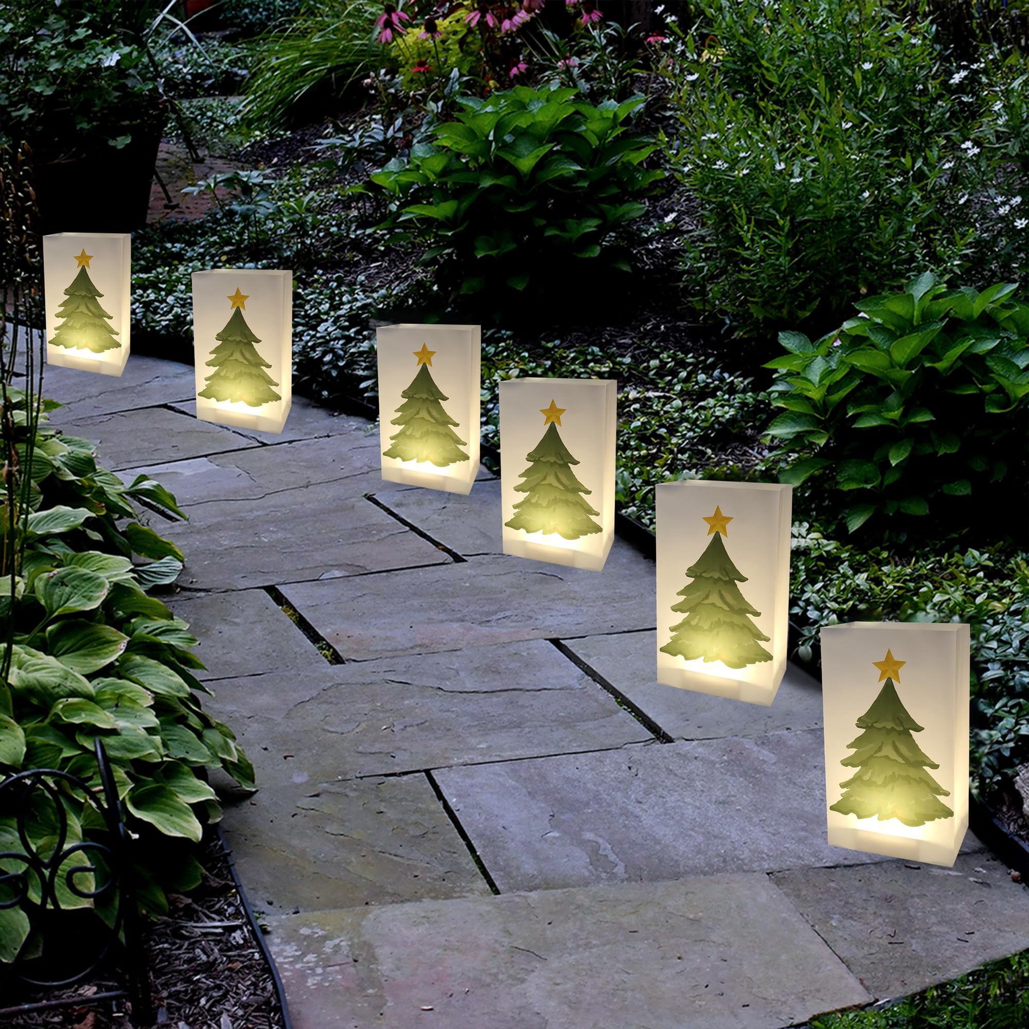 LumaBase Battery Operated LED Luminaria Kit with Timer - Set of 6 Outdoor Christmas Decorations for Holiday Tree, Pathway, and Garden Lighting