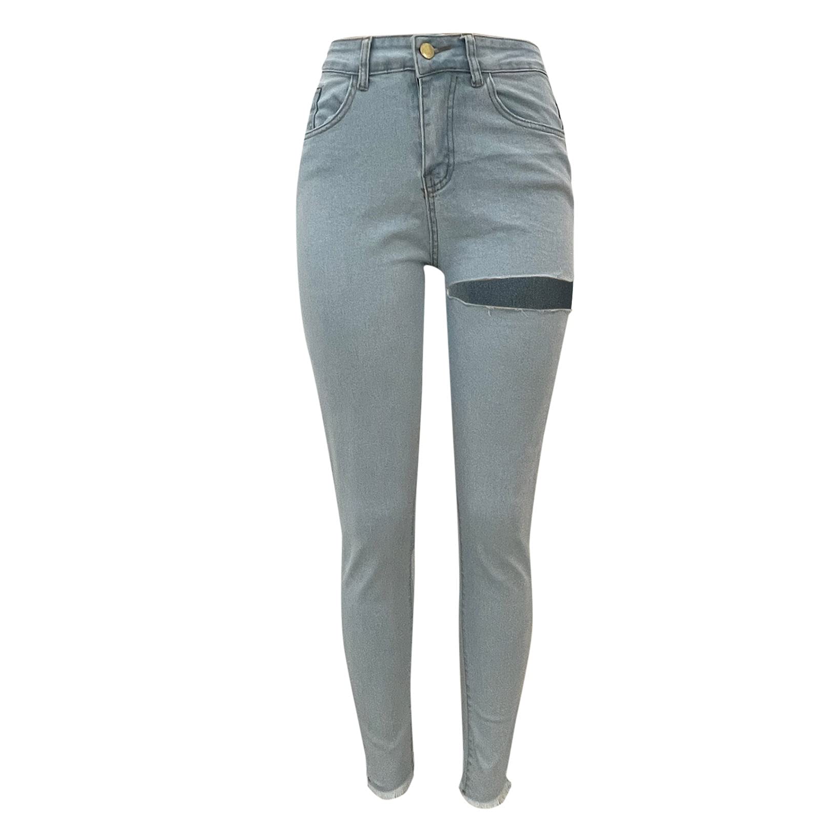 Women's Ripped Skinny Bootcut Jeans with Pockets - Stretch Denim High Waist Slim Fit Casual Pants for Everyday Wear & Night Out