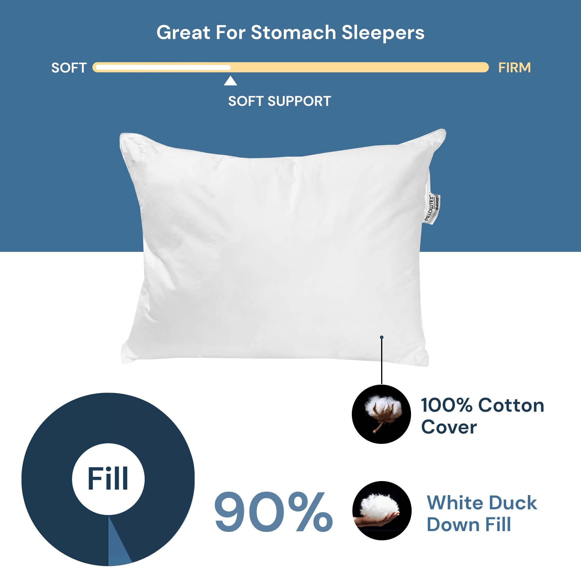 Extra Soft Down Pillow for Stomach Sleepers - Ultra Flat & Supportive Bed Pillow with White Duck Down - Standard Size - Perfect for Side Sleepers, Neck Pain Relief & Hotel-Style Comfort